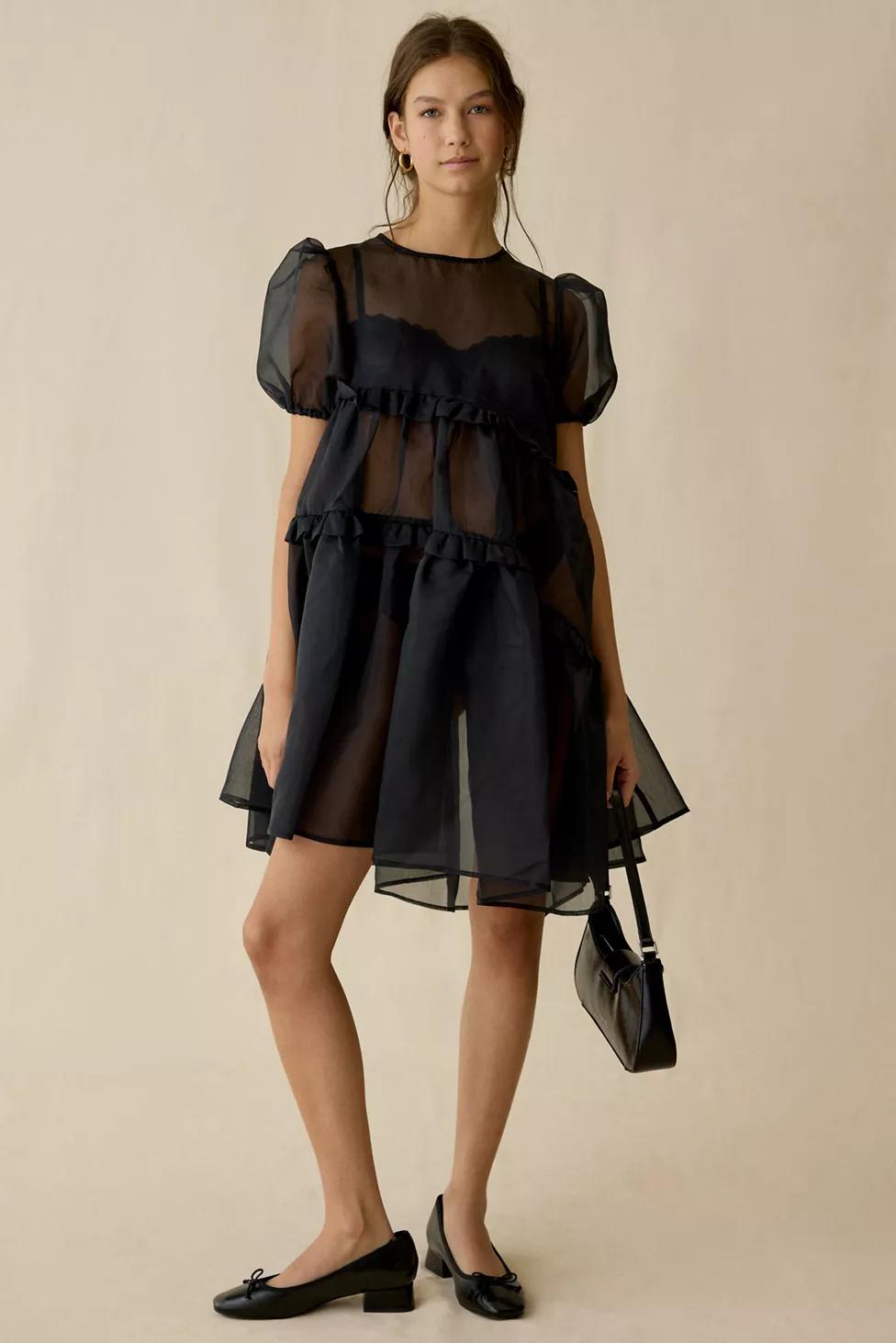Ghospell Lennie Sheer Asymmetric Ruffle Trapeze Mini Dress by GHOSPELL