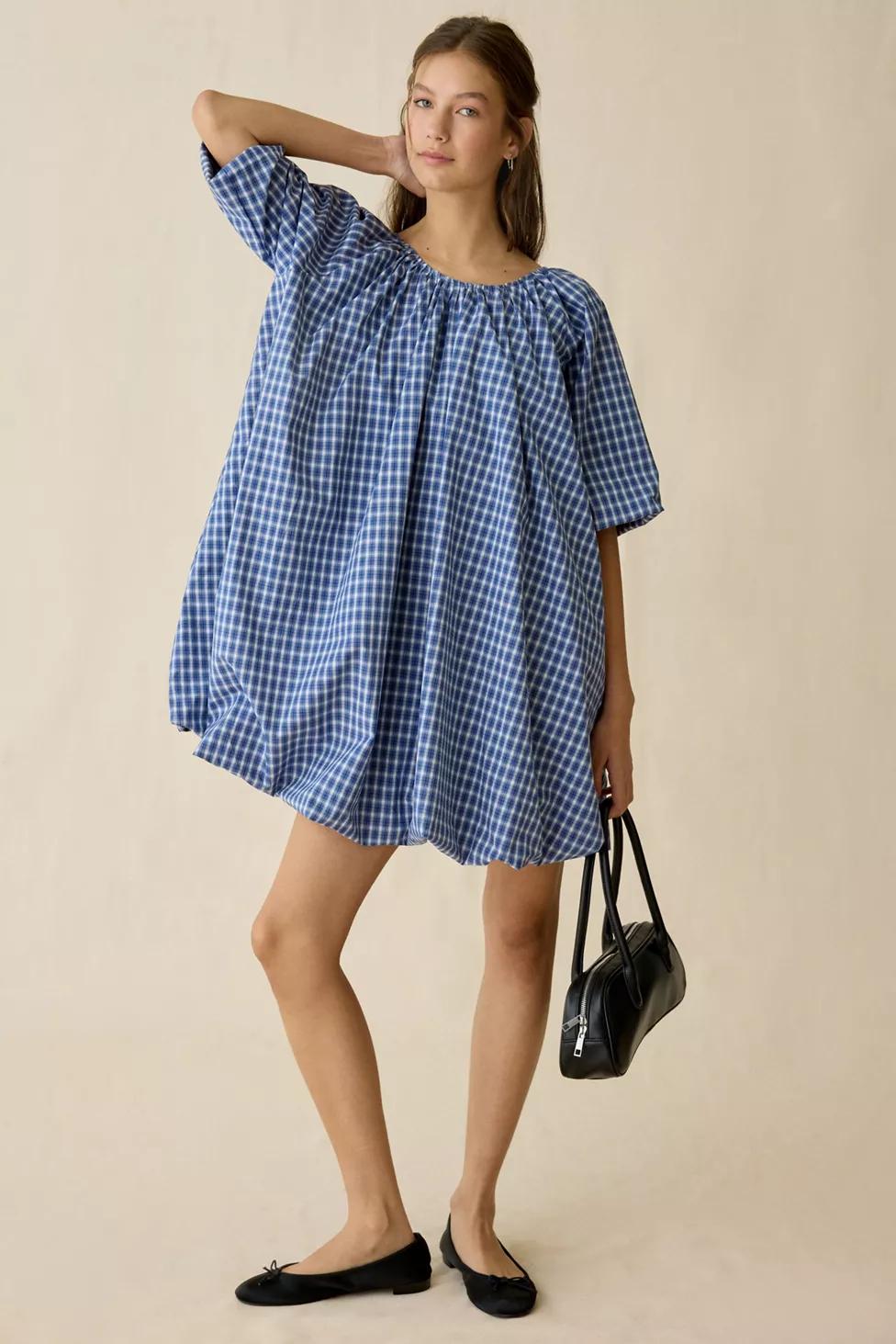 Ghospell Marissa Check Bubble Hem Trapeze Mini Dress by GHOSPELL