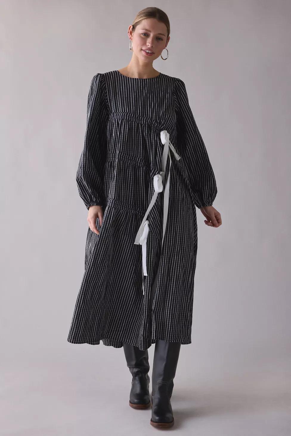Ghospell Prisha Asymmetric Tie-Front Long Sleeve Midi Dress by GHOSPELL