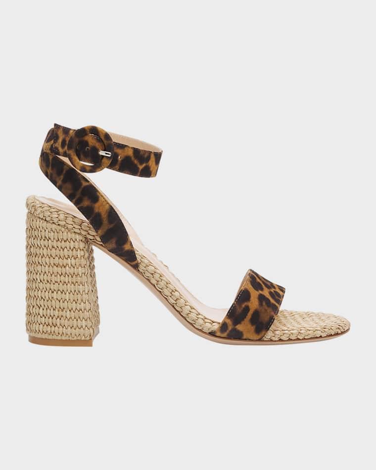 85mm Leopard-Printed Suede and Raffia Sandals by GIANVITO ROSSI
