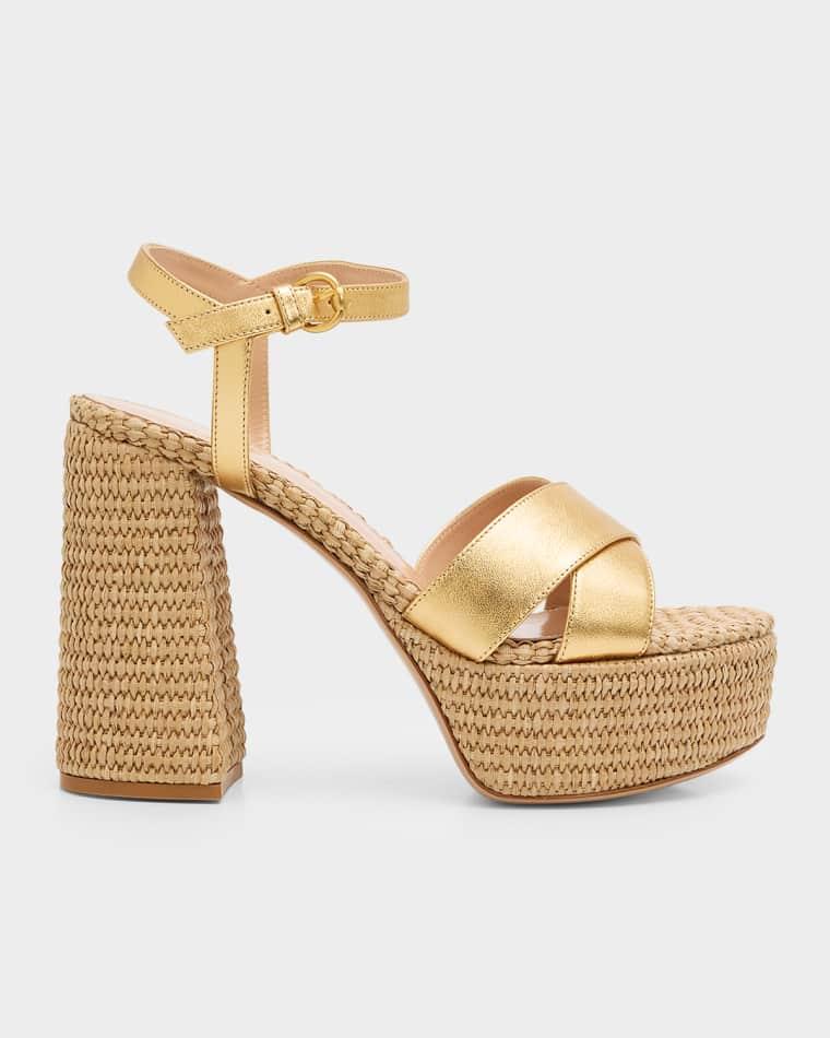 90mm Bebe Metallic Nappa Leather and Raffia Platform Sandals by GIANVITO ROSSI