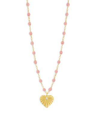 18K Yellow Gold Heart Lumi&egrave;re Diamond & Pink Bead Sunray Heart Pendant Necklace by GIGI CLOZEAU