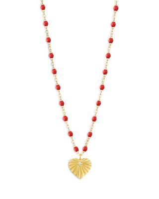 18K Yellow Gold Heart Lumi&egrave;re Diamond & Red Bead Sunray Heart Pendant Necklace by GIGI CLOZEAU