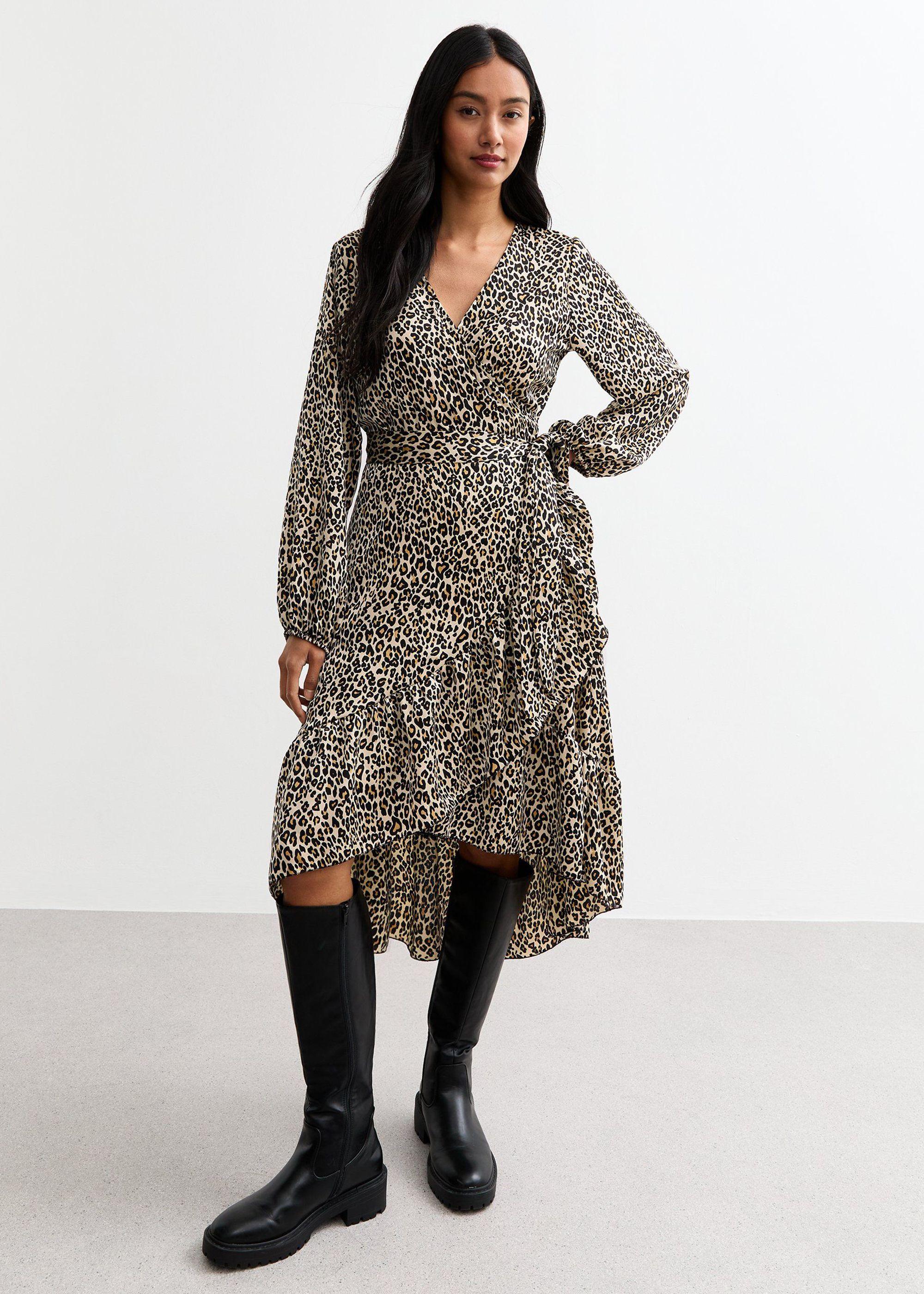 Beige Animal Ruffle Mini Wrap Dress by GINI LONDON