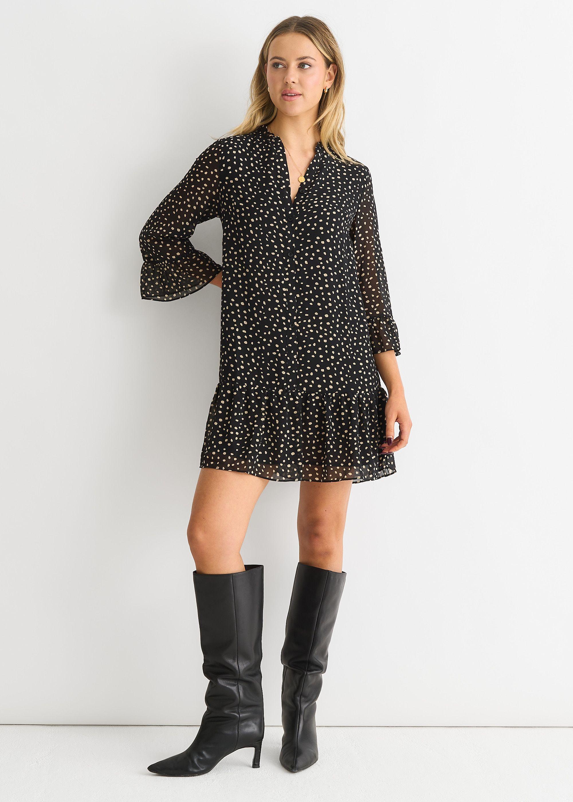 Black/Beige Animal Spot Shirt Mini Dress by GINI LONDON
