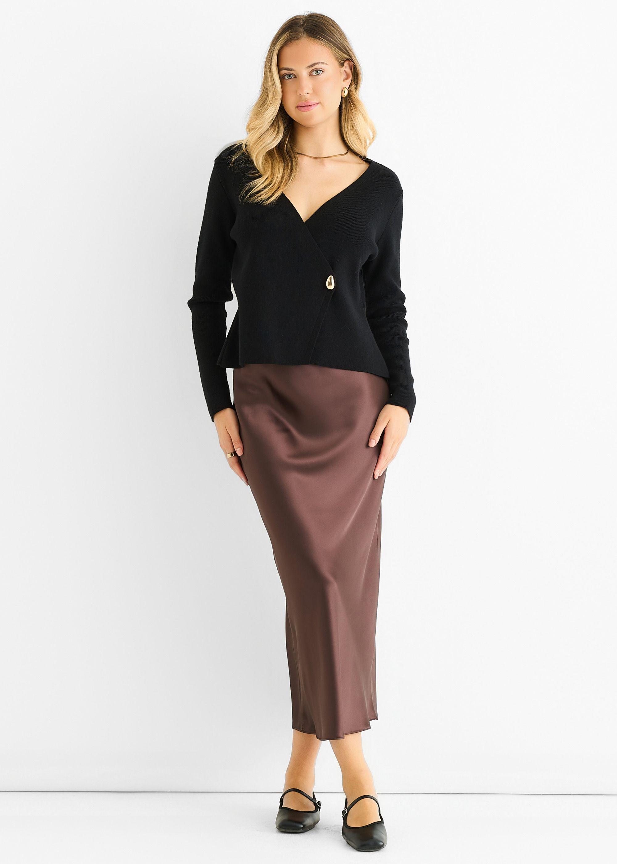 Black Button Wrap Compact Knit Cardigan by GINI LONDON