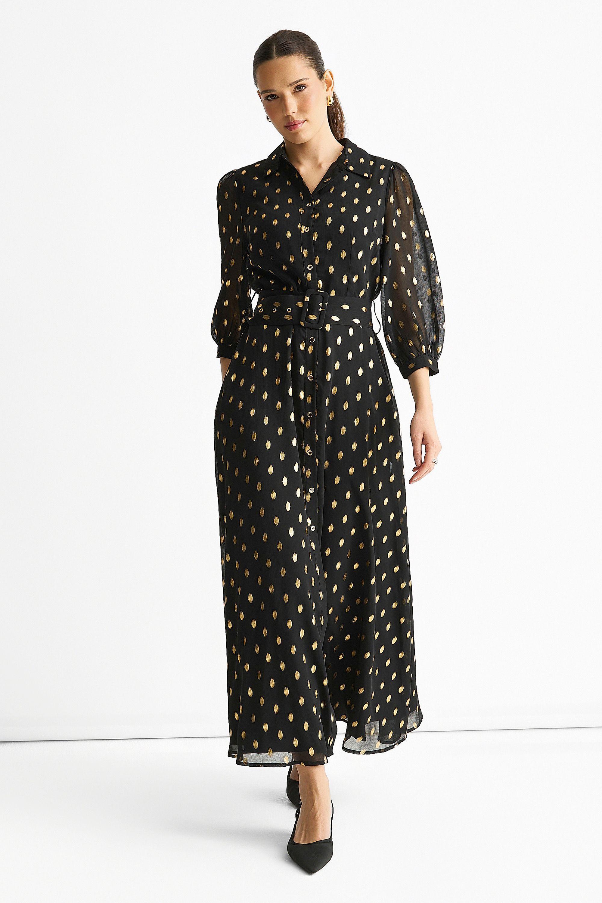 Black Chiffon Foil Belted Maxi Shirt Dress by GINI LONDON