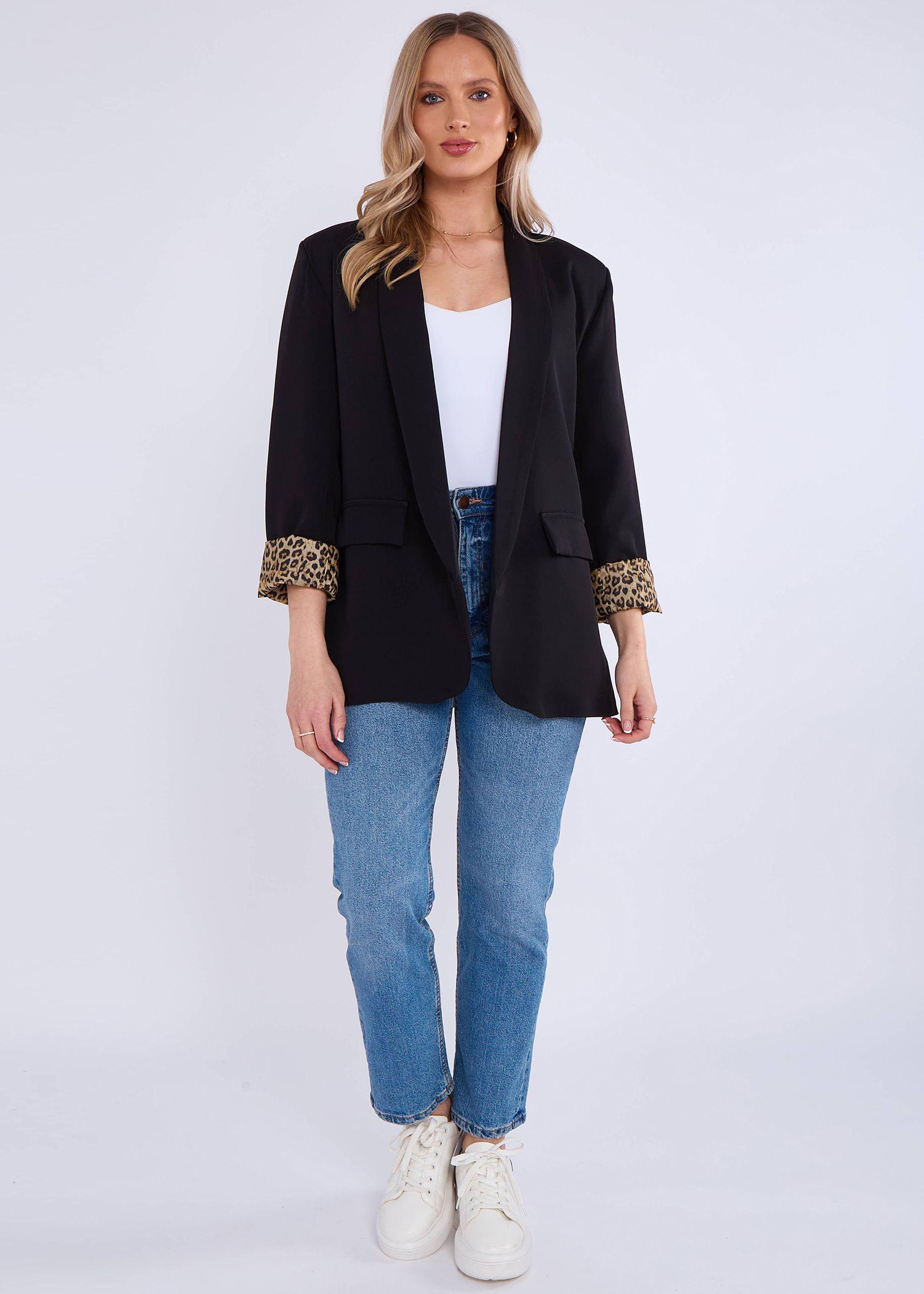 Black Contrast Animal Edge to Edge Blazer by GINI LONDON
