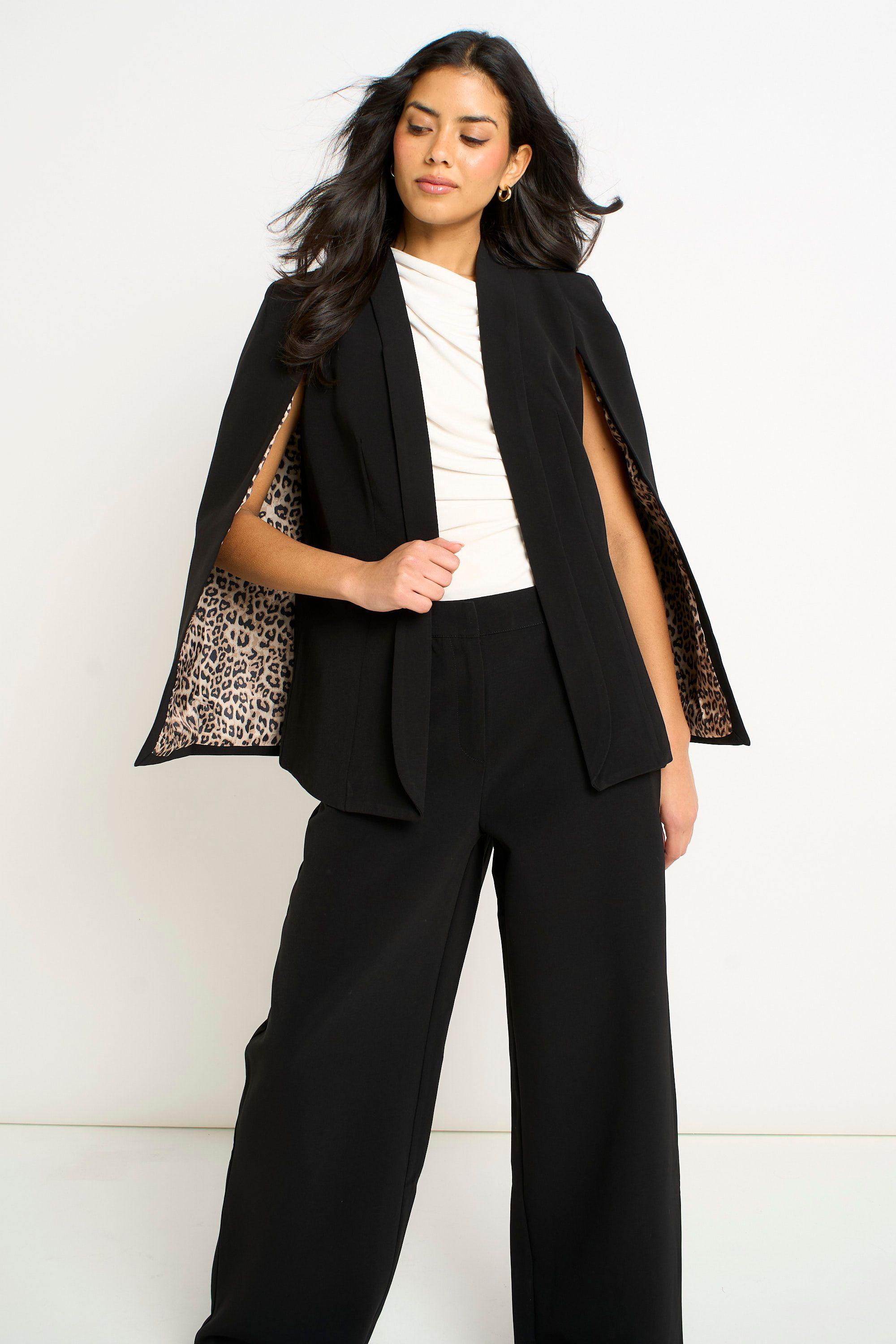 Black Contrast Animal Lining Tailoring Cape Blazer by GINI LONDON