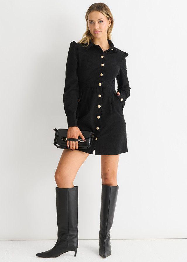 Black Corduroy Mini Shirt Dress by GINI LONDON