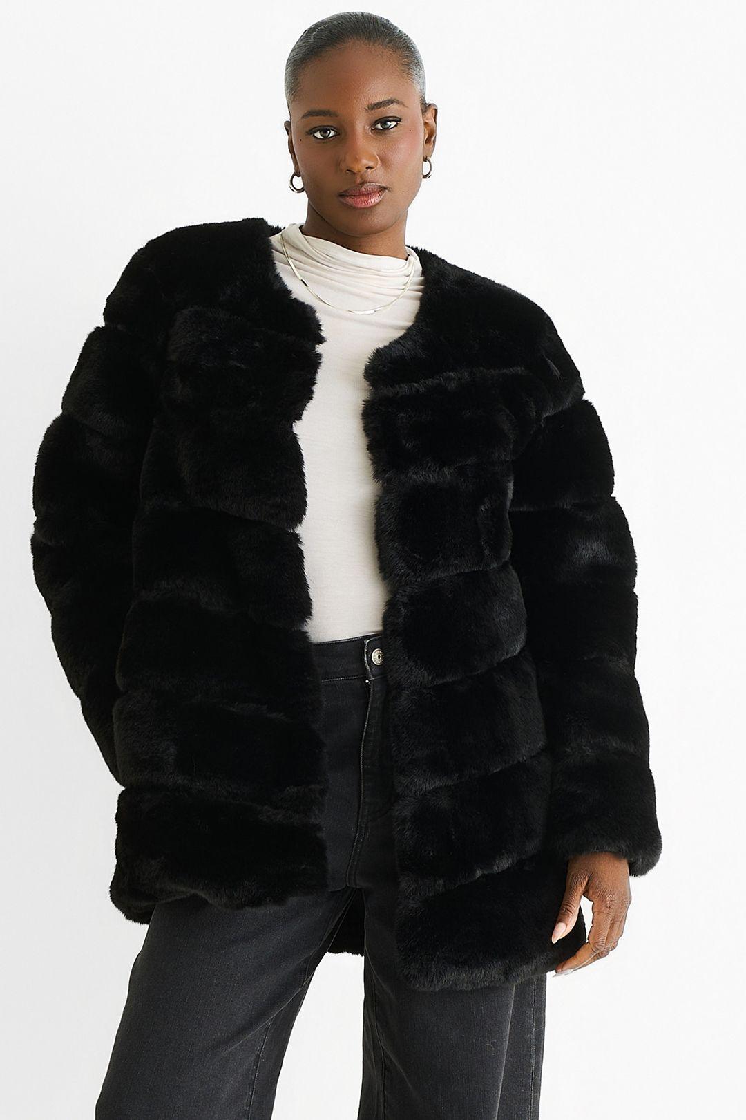 Black Diagonal Cut Faux Fur Long Sleeve Jacket by GINI LONDON