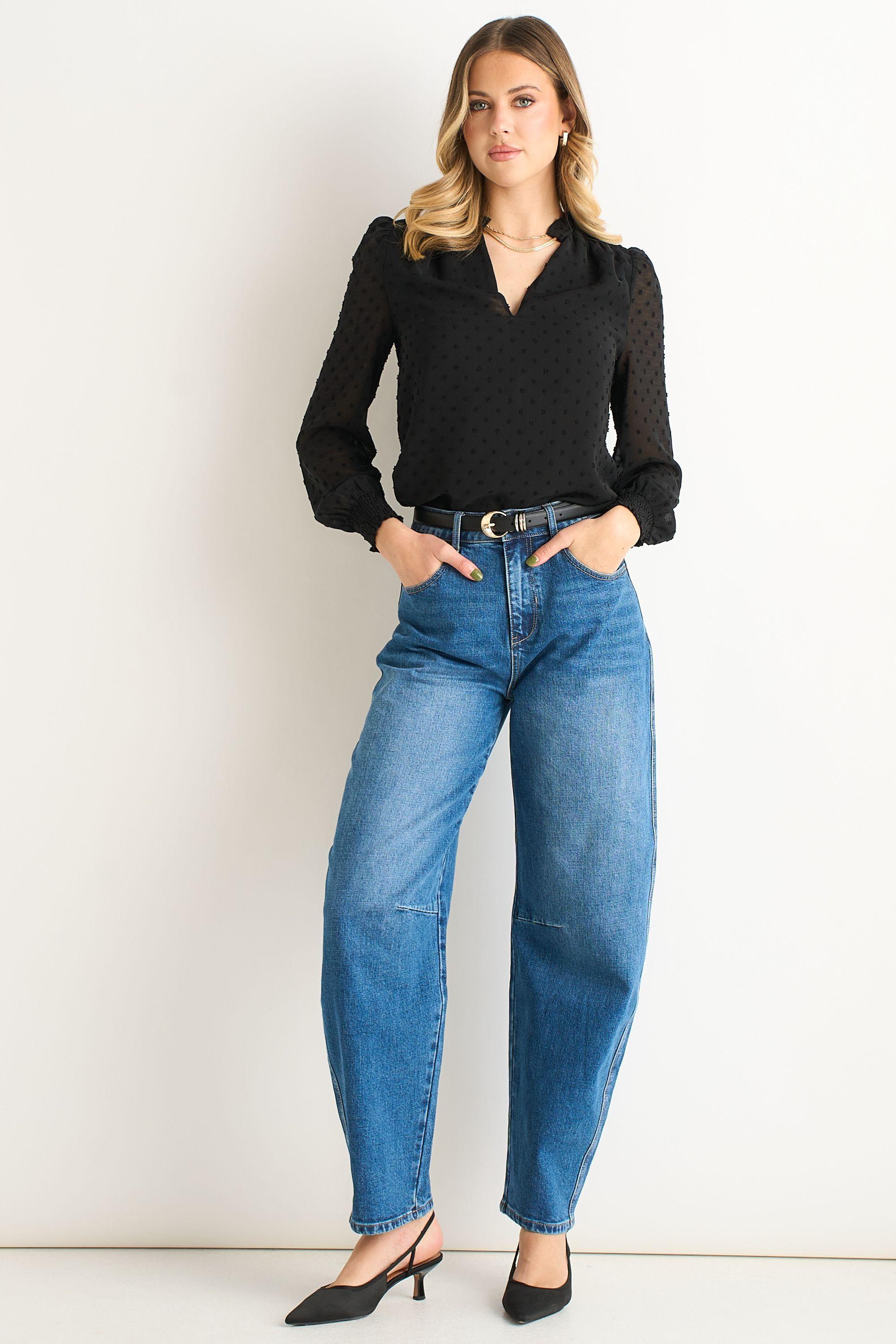 Black Dobby Chiffon Frill Neck Blouse by GINI LONDON