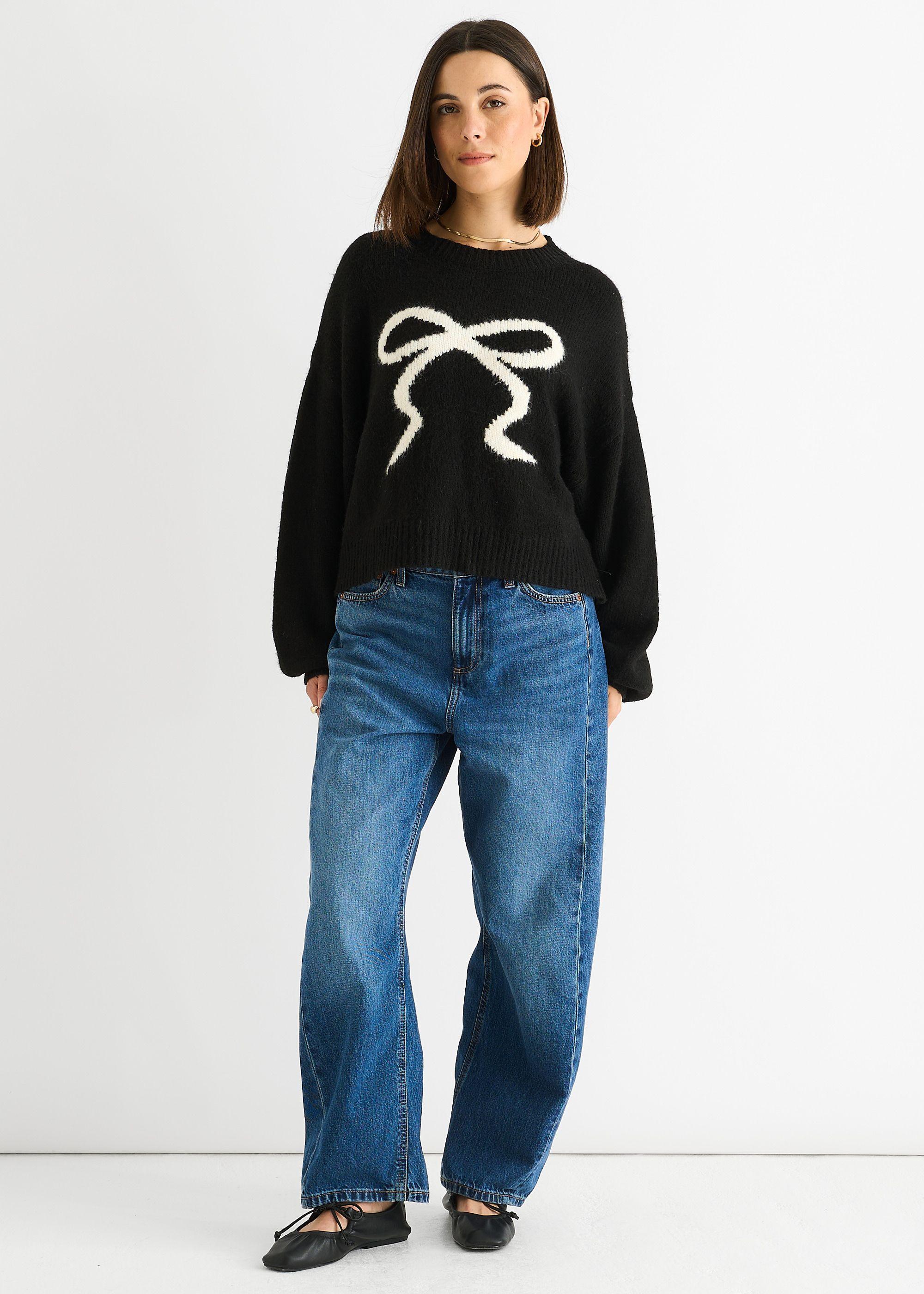 Black Embossed Contrast Bow Short Knit Jumper by GINI LONDON