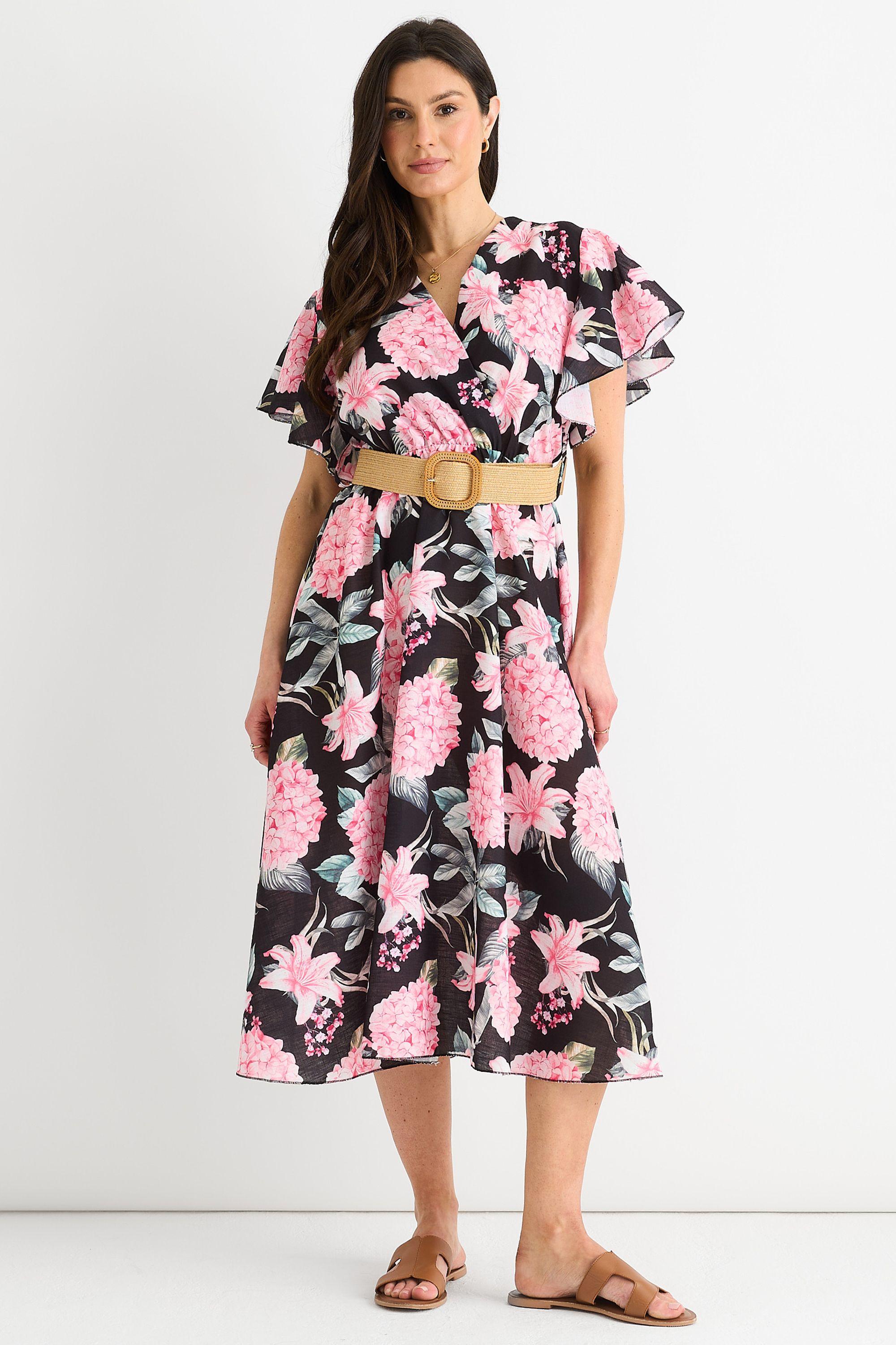 Black Floral Print Angel Sleeves Belted Wrap Midi Dress by GINI LONDON