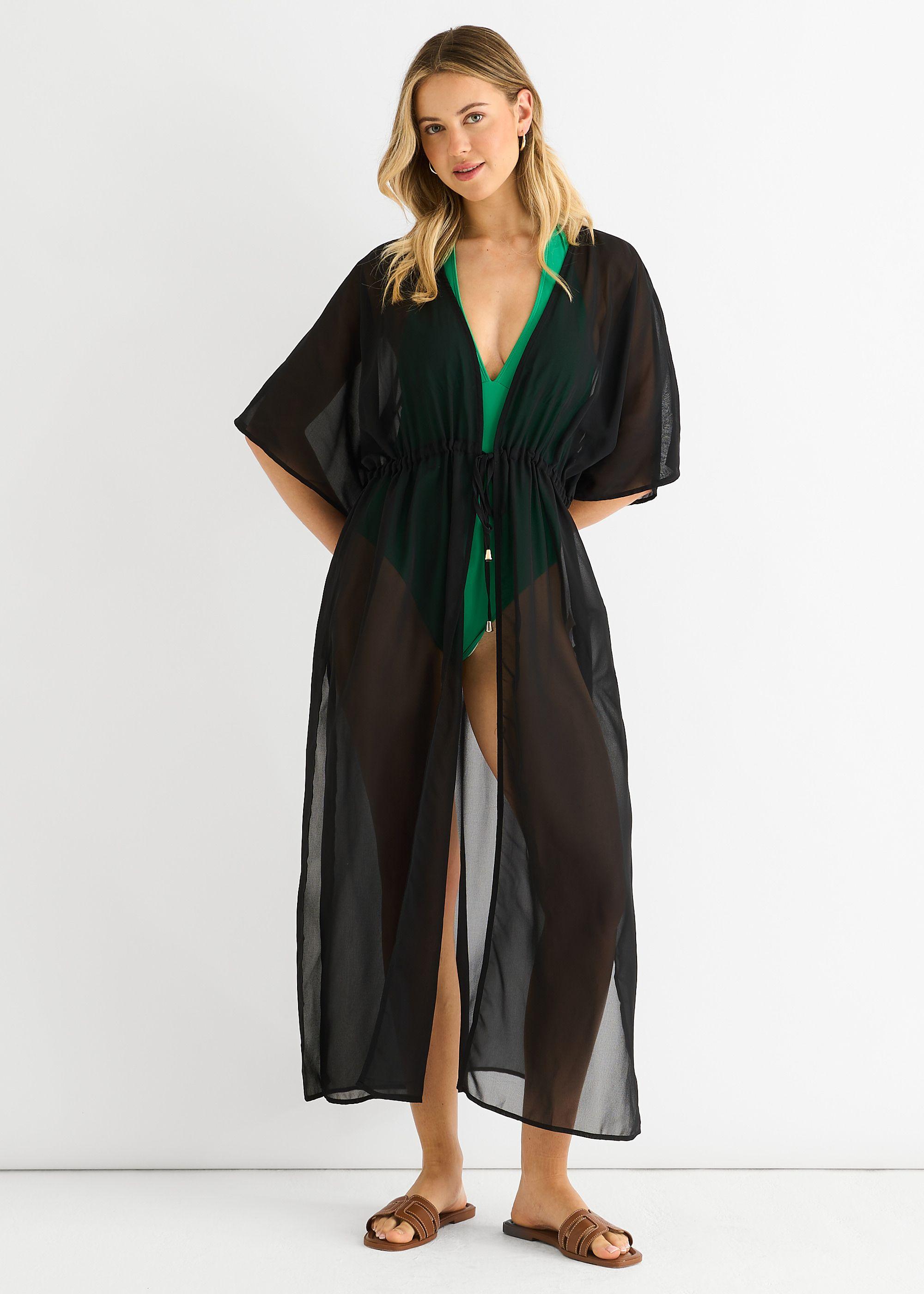 Black Flowy Open Front Beach Cover Kimono by GINI LONDON