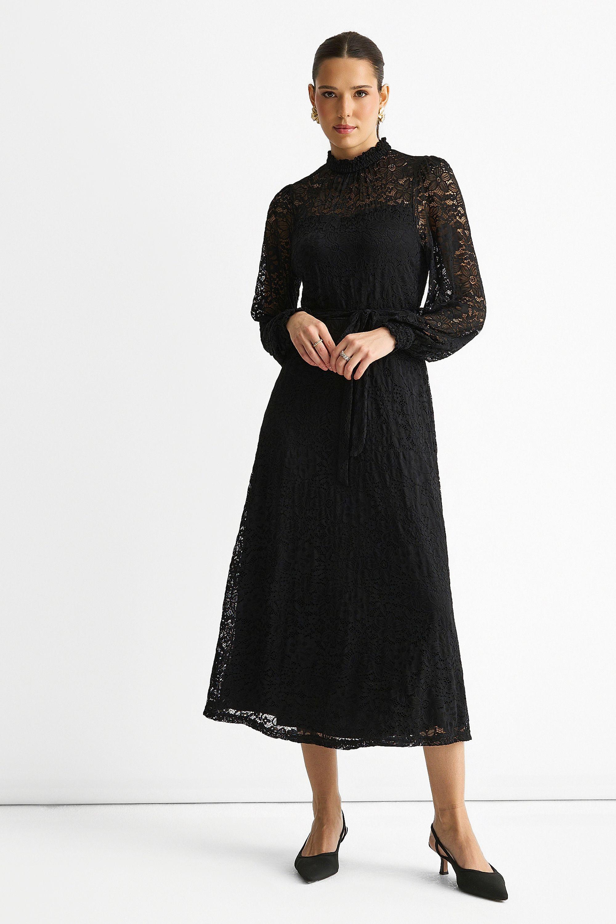 Black High Neck Jersey Lace Occasion Midi Dress by GINI LONDON