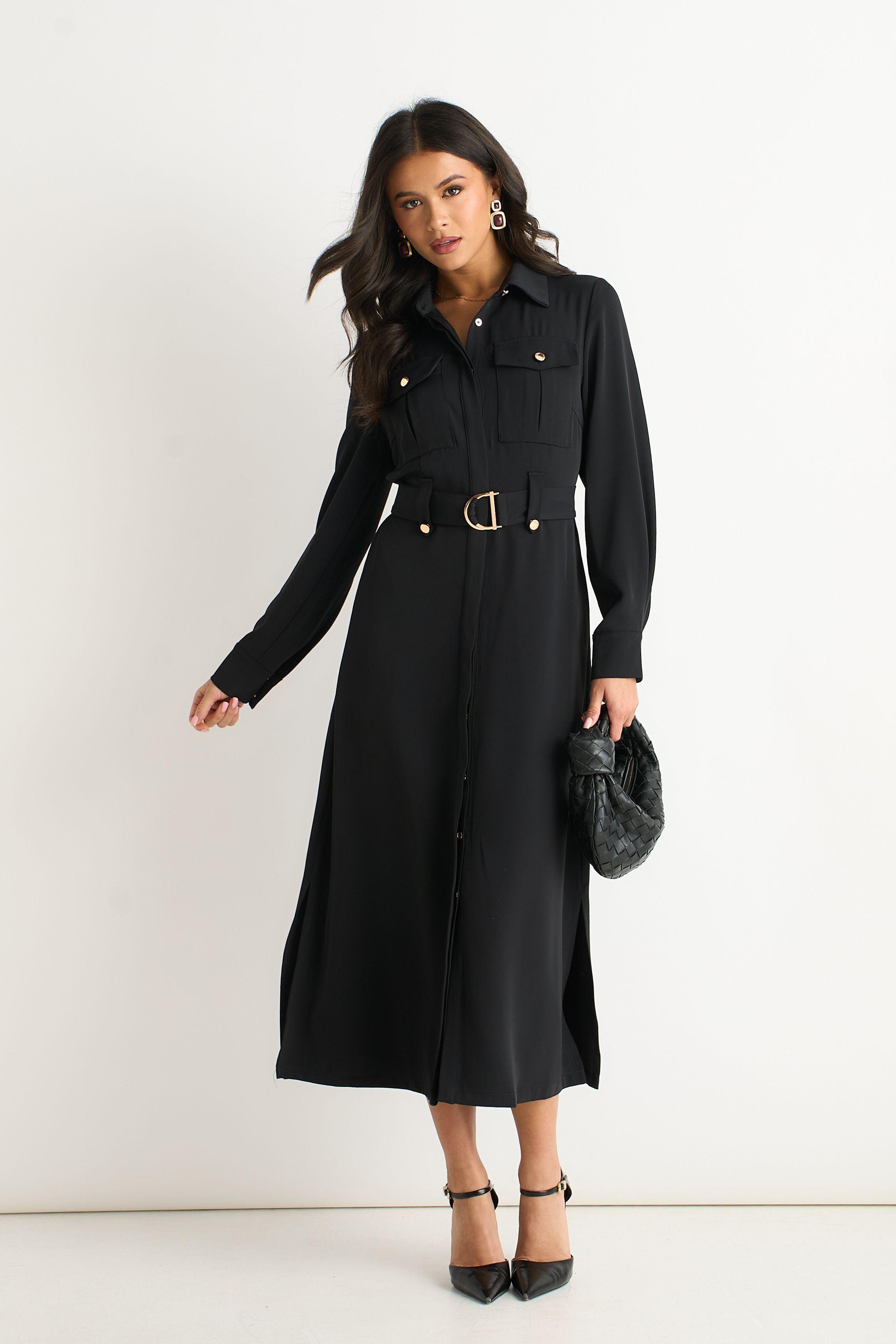 Black Luxe Gold Button Utility Shirt Dress by GINI LONDON