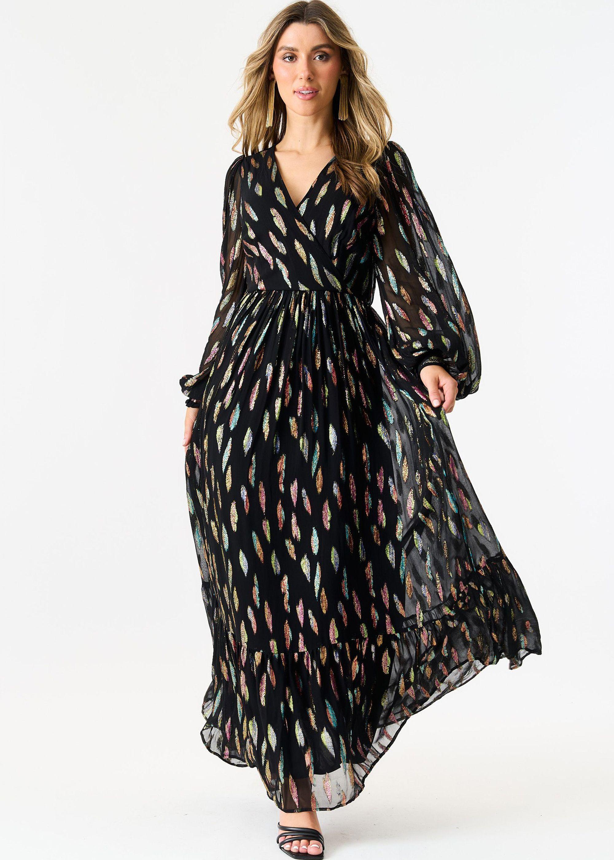 Black Metallic Print Full Sleeve Maxi Dress by GINI LONDON