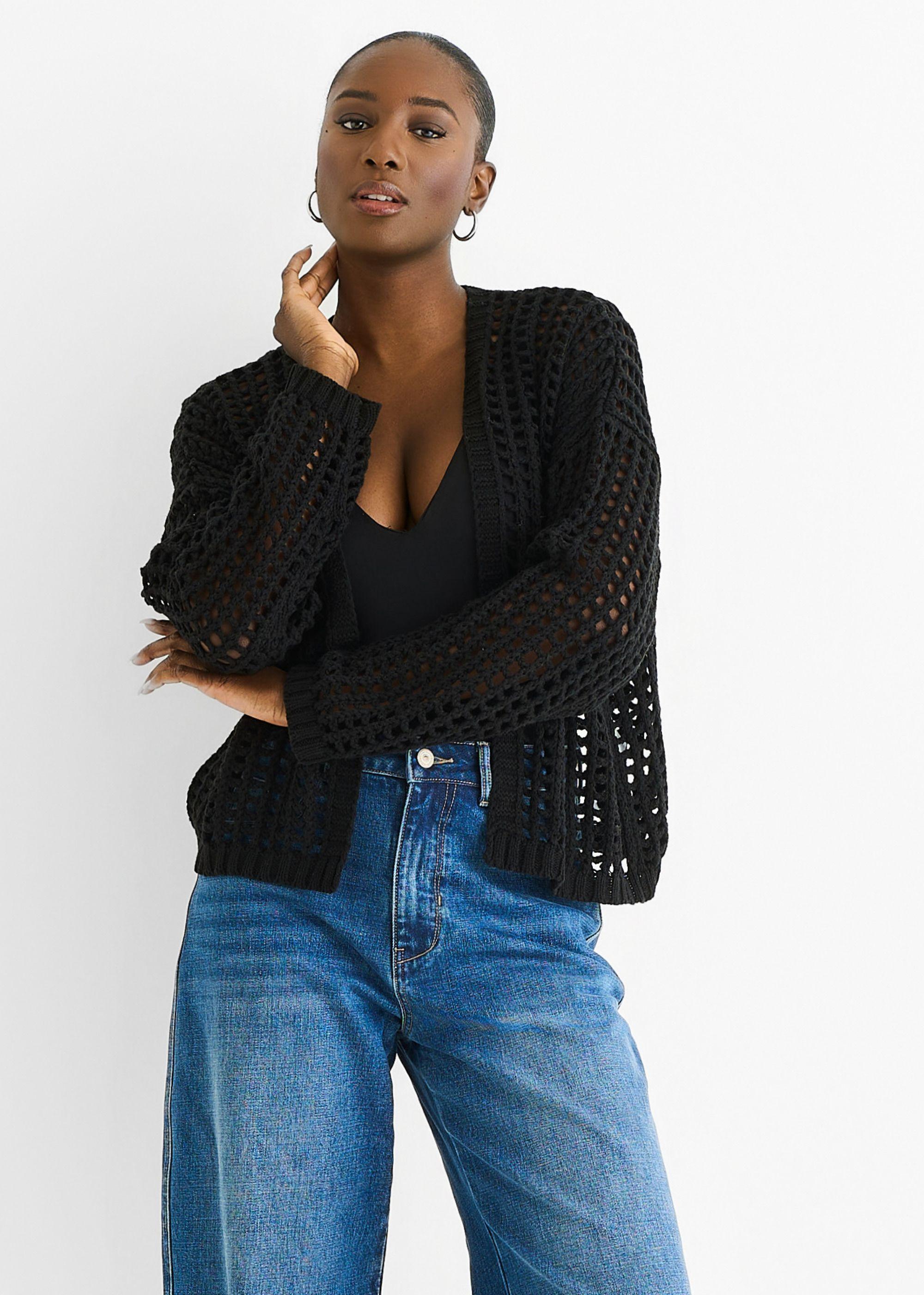 Black Open Knit Edge to Edge Cardigan by GINI LONDON