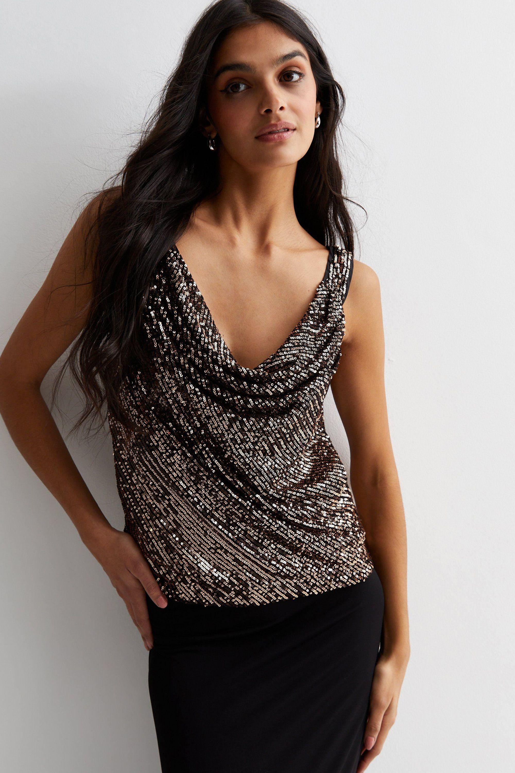 Black Sequin Cowl Neck Top by GINI LONDON