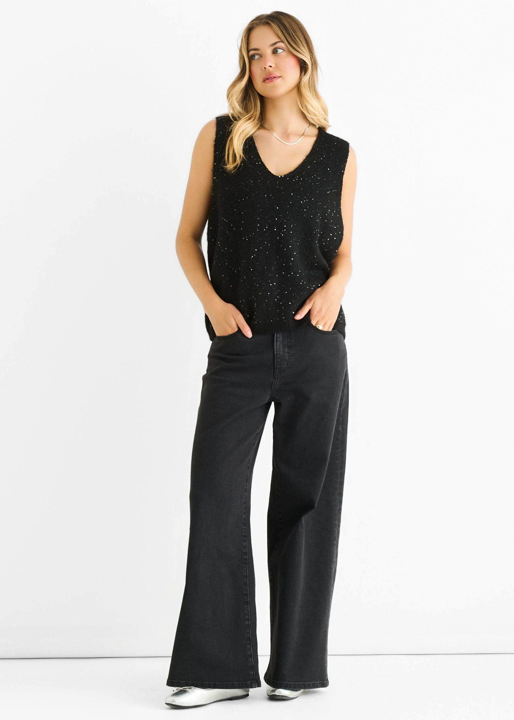 Black Sequin Sparkle V Neck Vest Knit Jumper by GINI LONDON