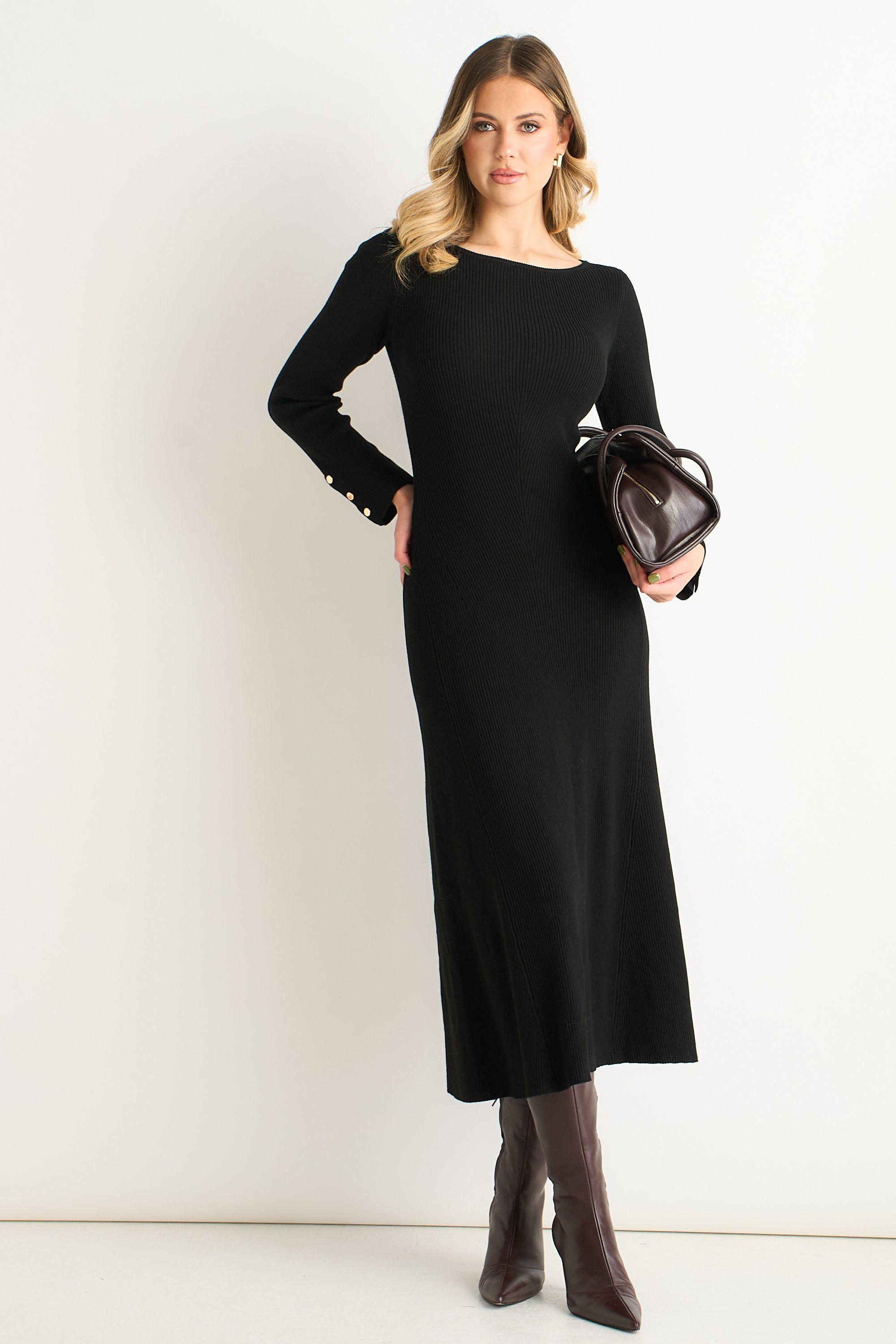 Black Slash Neck Knitted Fit And Flare Dress by GINI LONDON