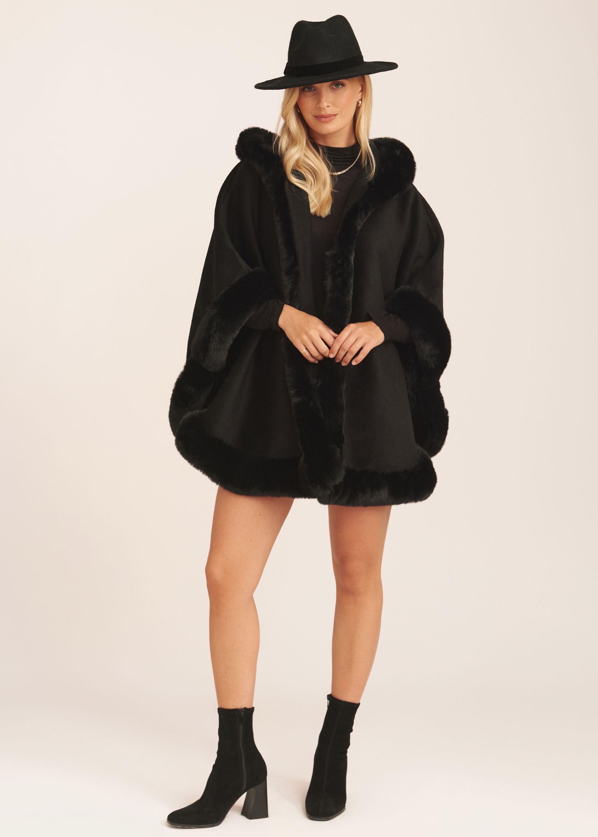 Black Soft Fur Trim Hooded Oversized Cape by GINI LONDON