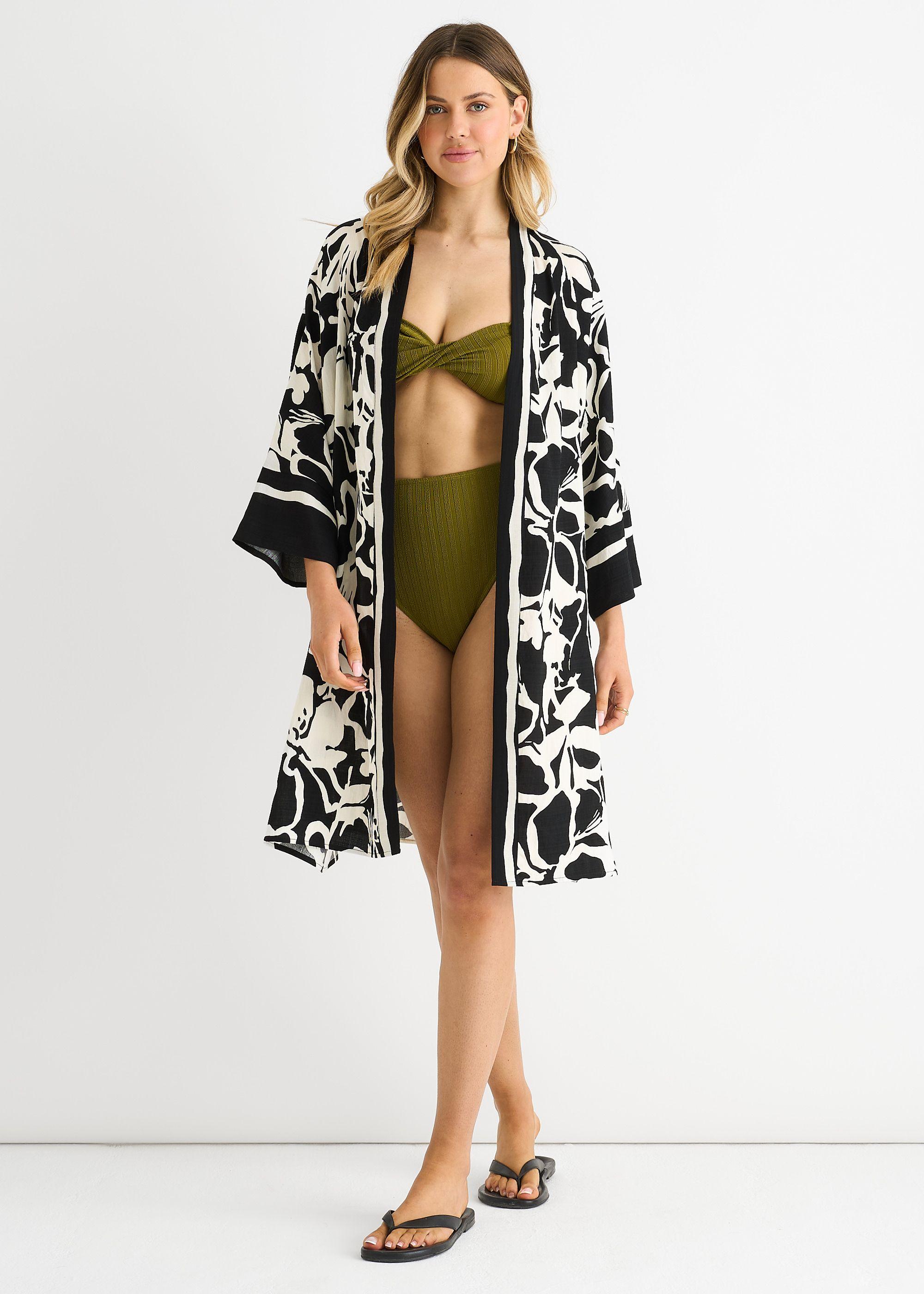 Black Summer Border Printed Beach Kimono by GINI LONDON