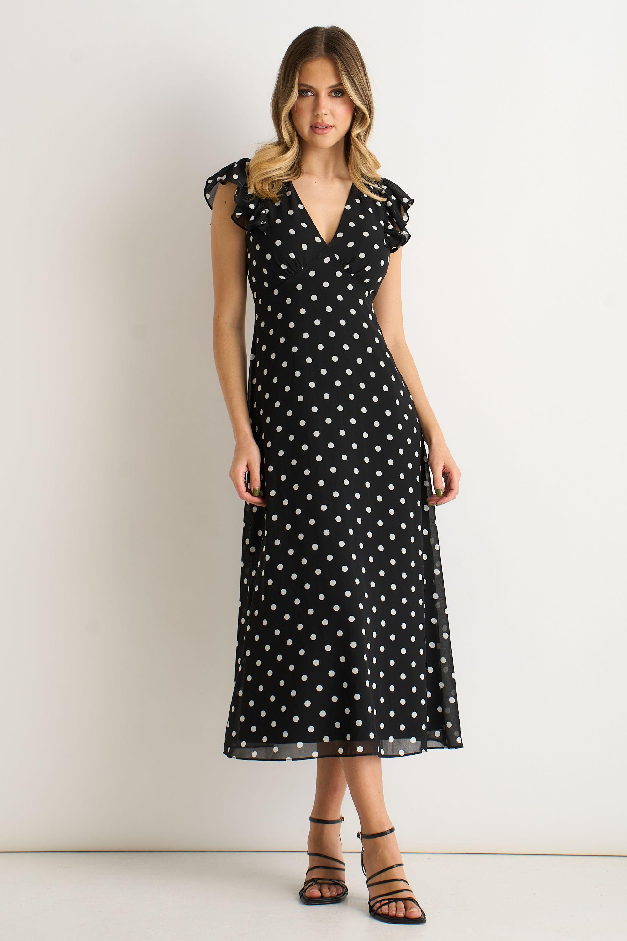 Black V Neck Angle Sleeves Skater Midi Dress by GINI LONDON