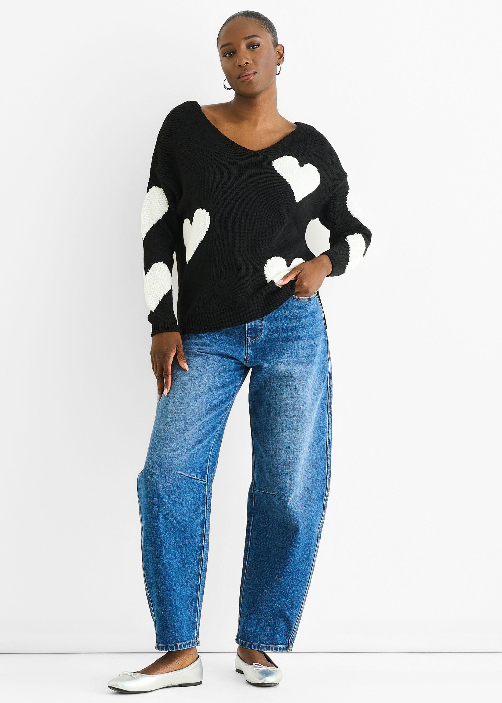 Black V Neck Oversized Heart Knit Jumper by GINI LONDON