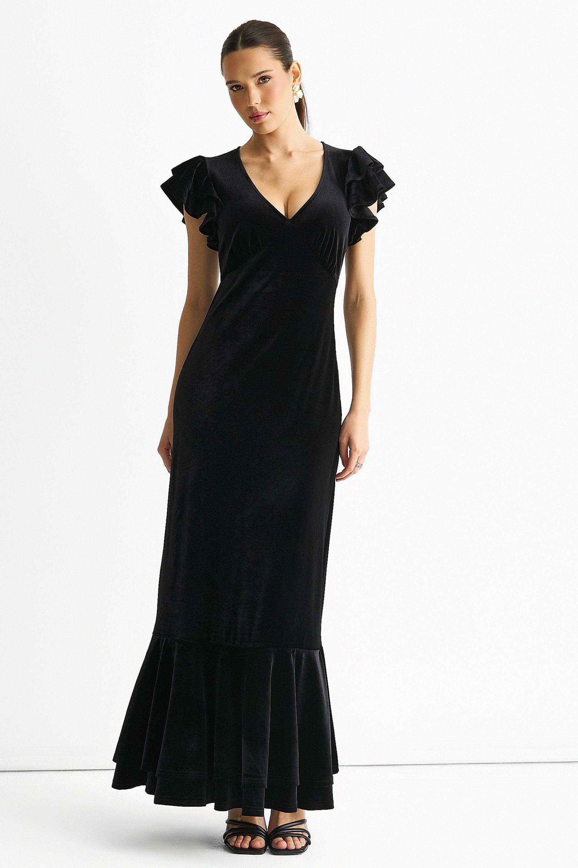 Black V Neck Ruffle Sleeves Velvet Occasion Maxi Dress by GINI LONDON