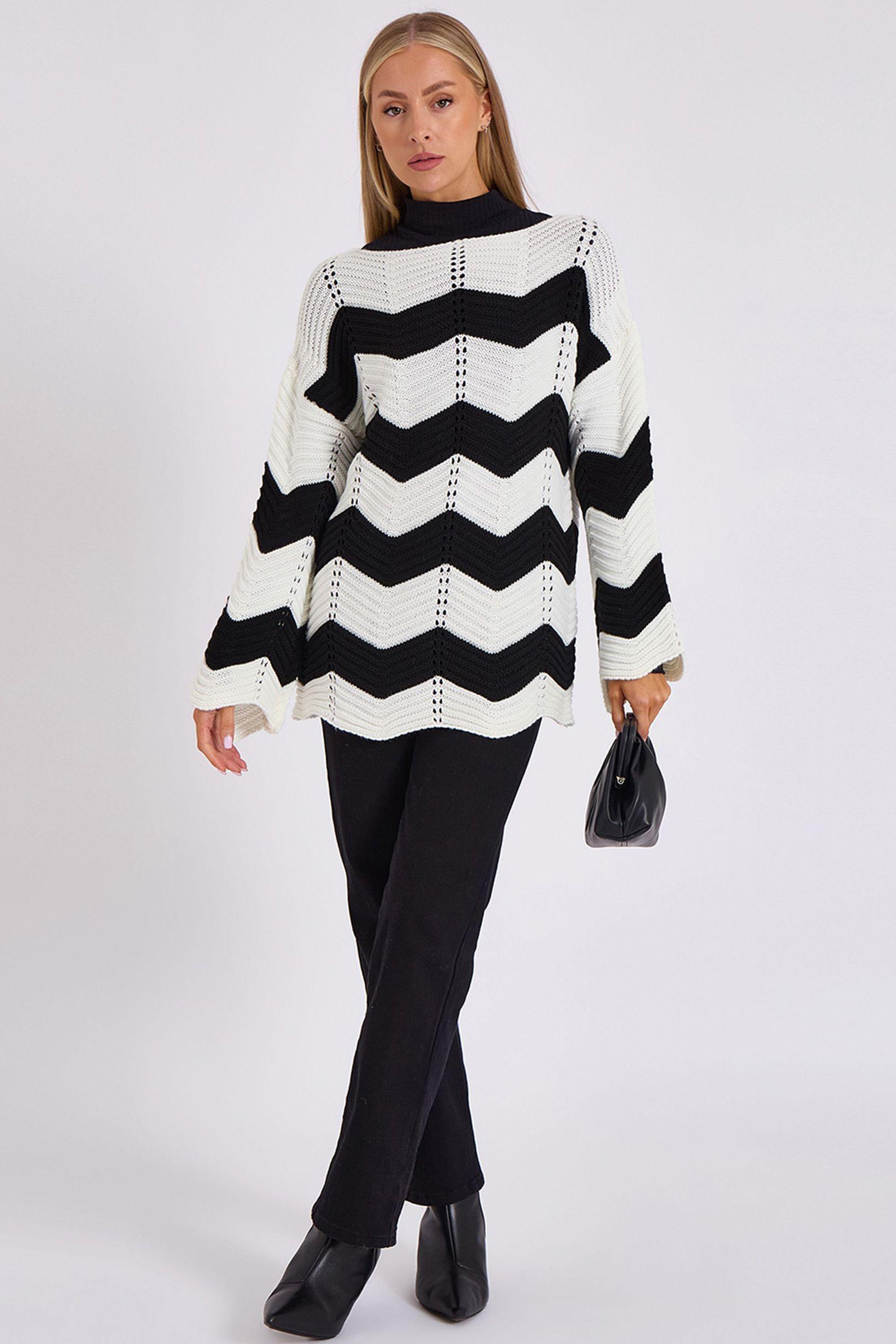 Black & Cream Wave Knit Oversized Jumper by GINI LONDON