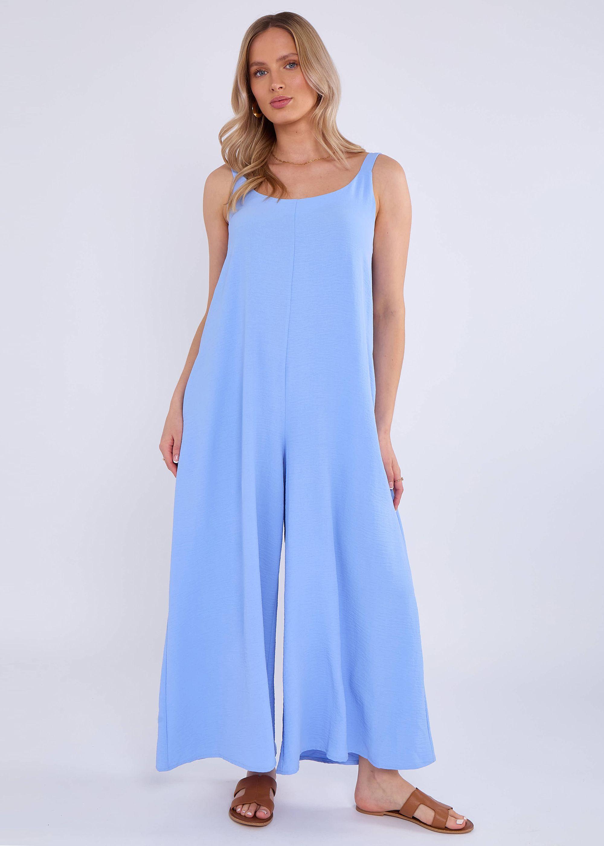 Blue Air Flow Strappy Wide leg Jumpsuit by GINI LONDON