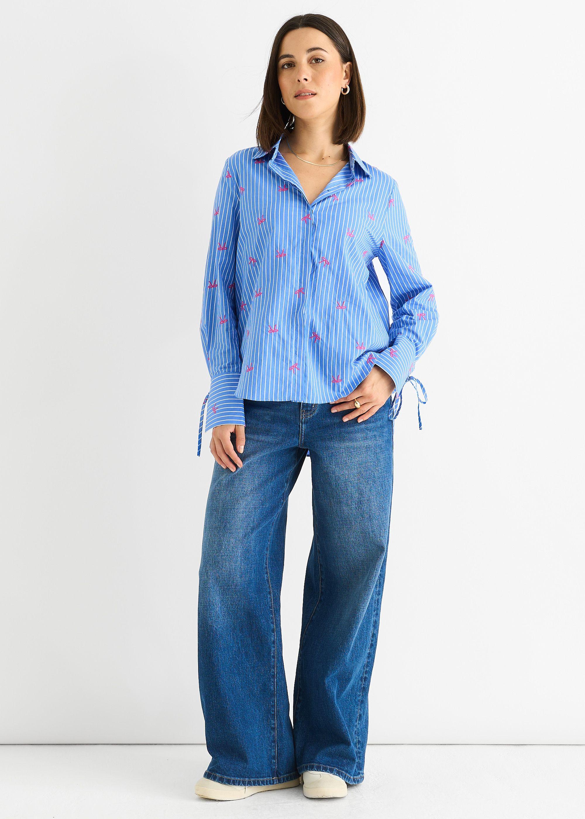 Blue Bow Embroidered Extreme Cuff Stripe Shirt by GINI LONDON Blue Bow Embroidered Extreme Cuff Stripe Shirt by GINI LONDON