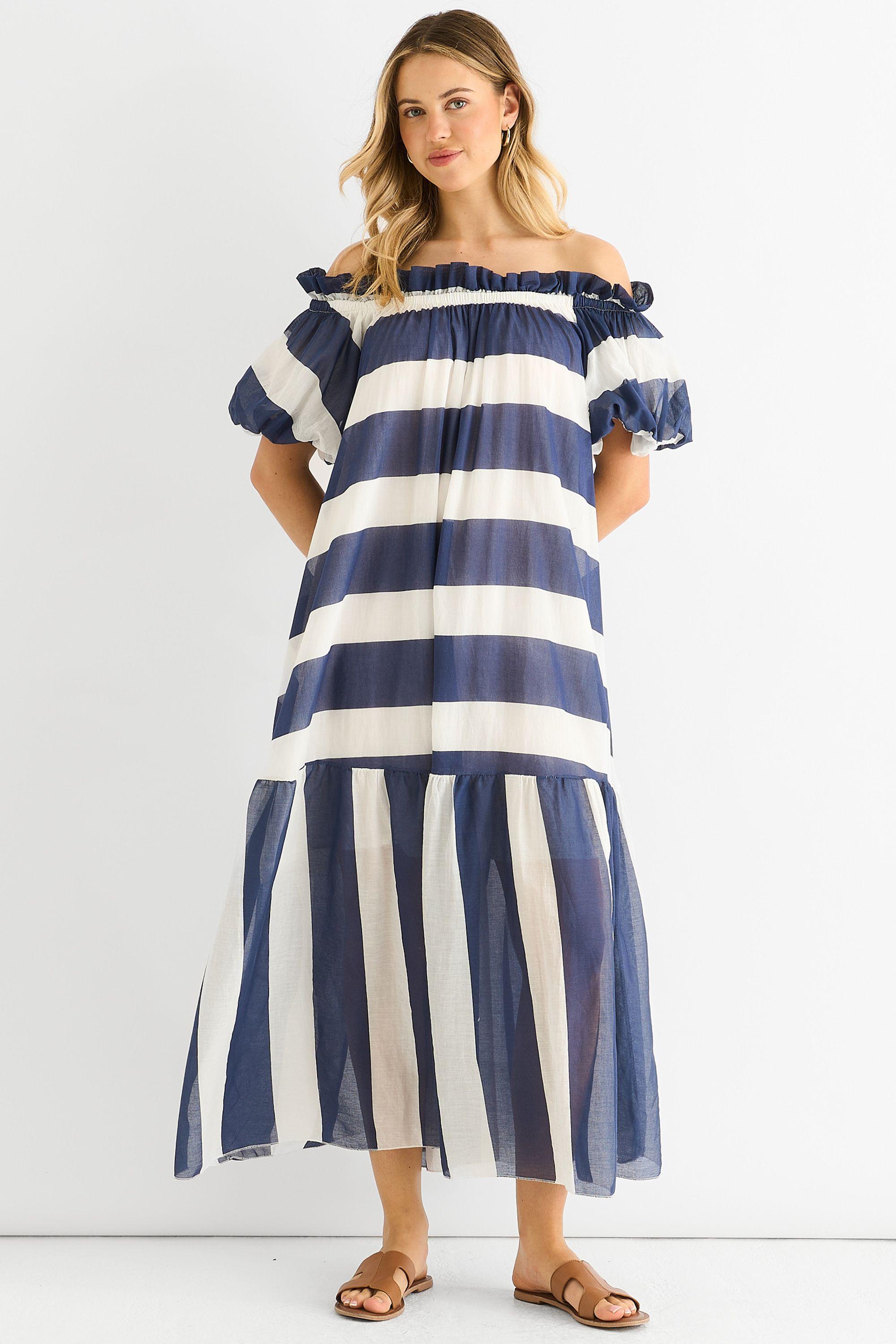 Blue Cotton Voil Bardot Stripe Midaxi Dress by GINI LONDON