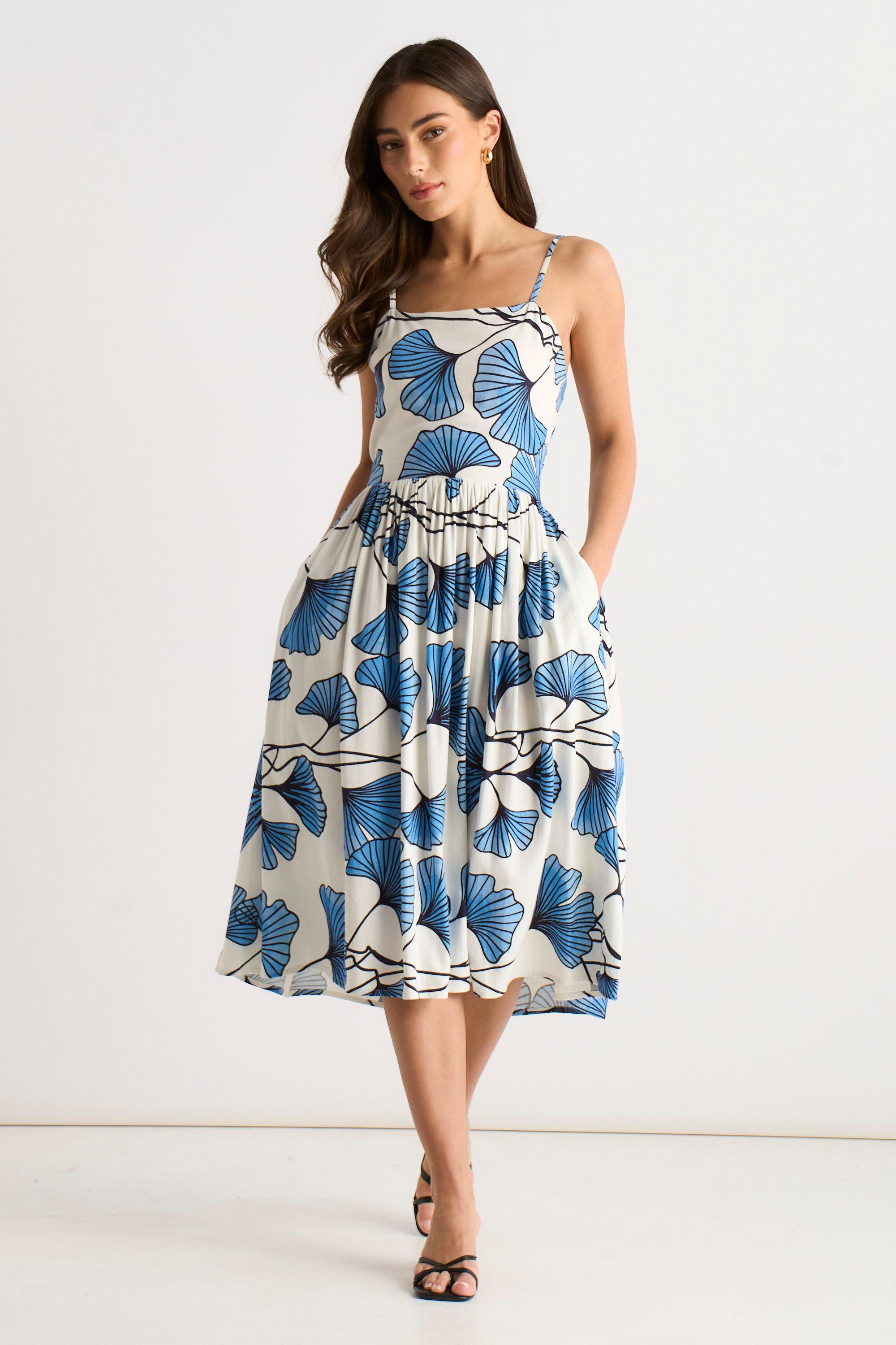 Blue Floral Linen Mix Cami Dress by GINI LONDON