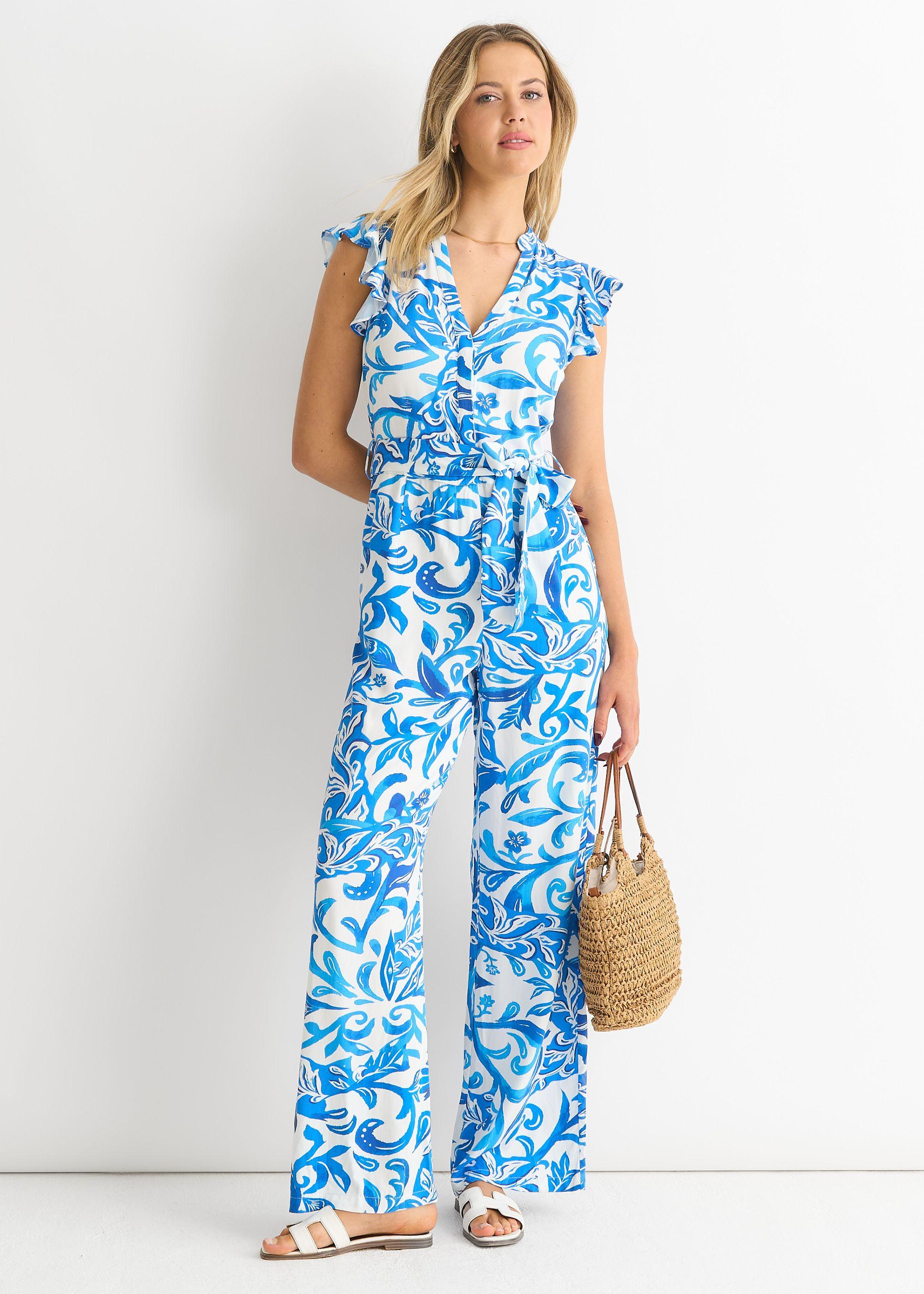 Blue Floral Ruffle Sleeeves Jumpsuit by GINI LONDON
