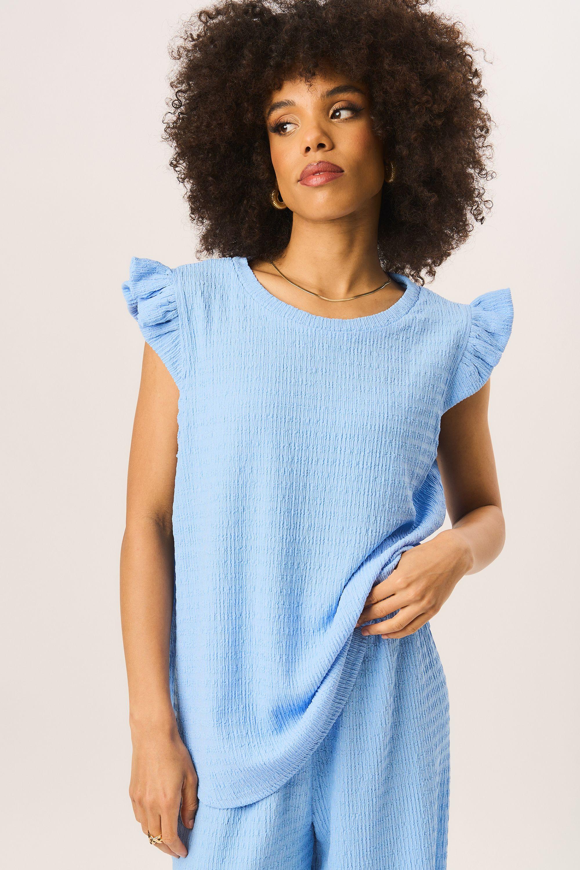Blue Frill Sleeves Textured Oversized Top by GINI LONDON