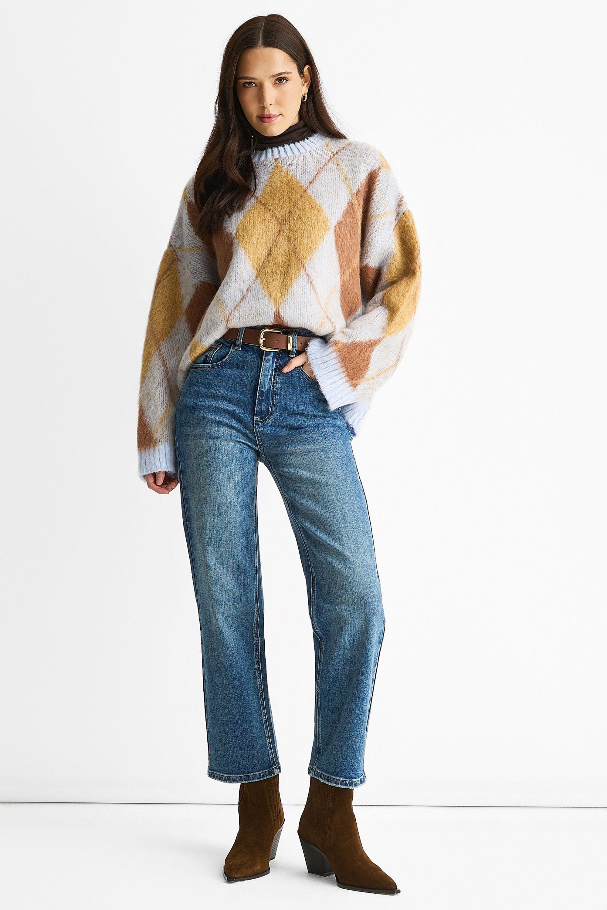 Blue Mid Rise Straight Leg Jeans by GINI LONDON