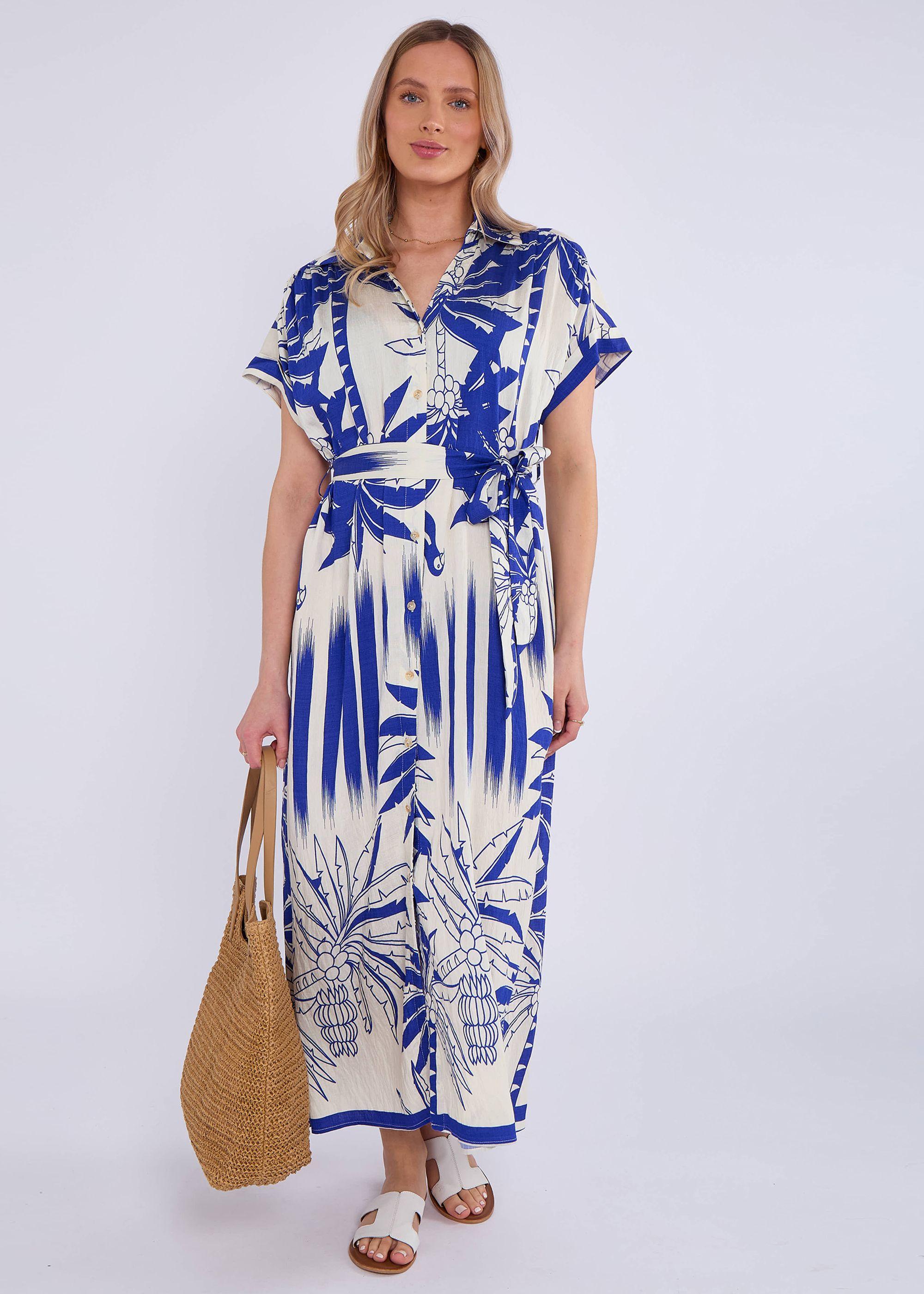 Blue Tropical Print Midi Shirt Dress by GINI LONDON