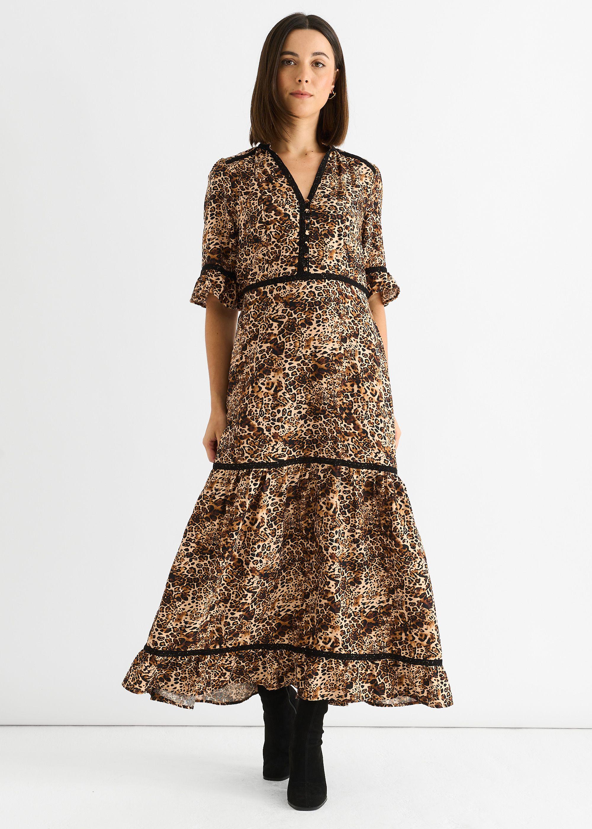 Brown Animal Print Lace Trim Tiered Midi Dress by GINI LONDON
