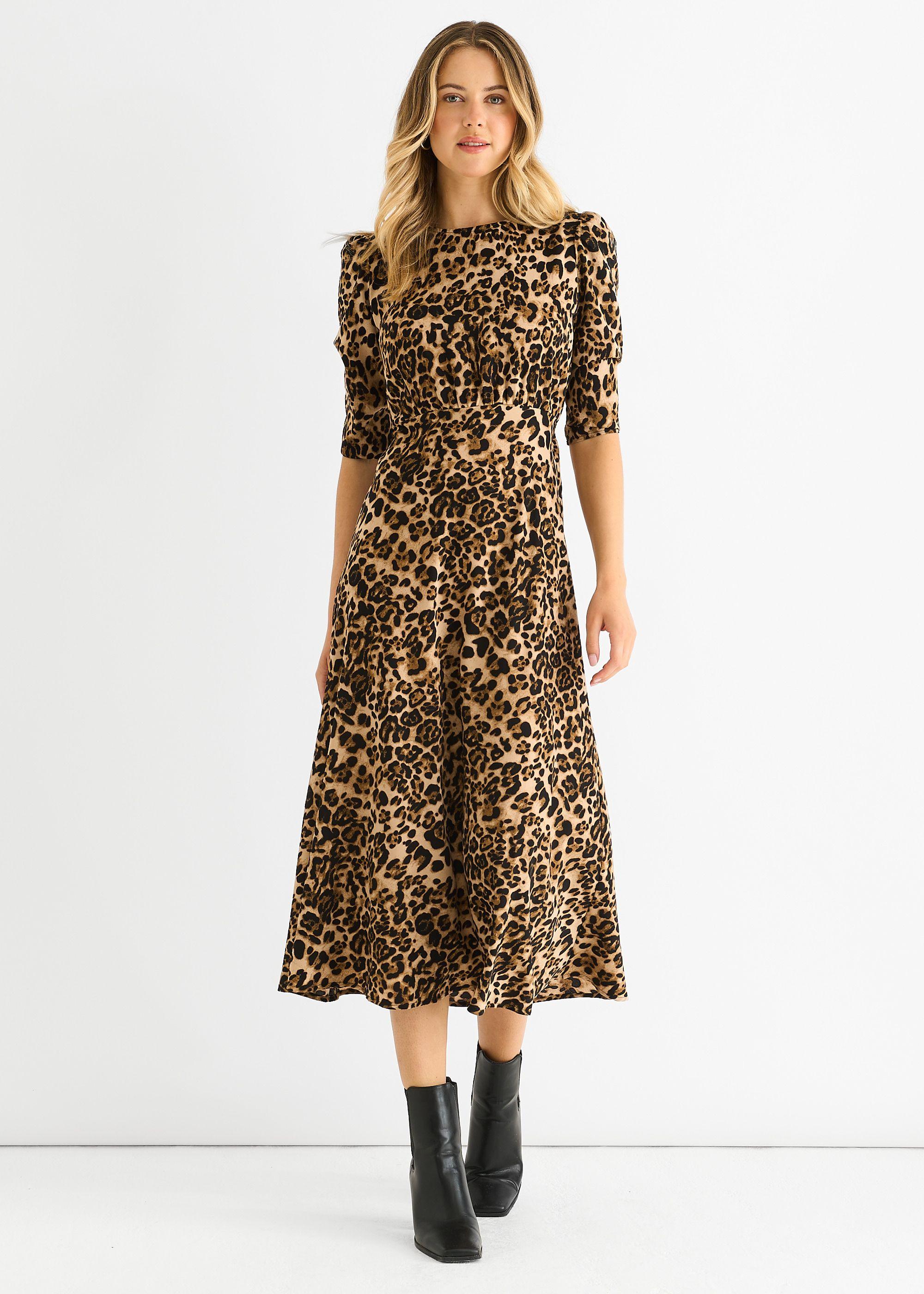 Brown Animal Print Satin Animal Shift Midi Dress by GINI LONDON