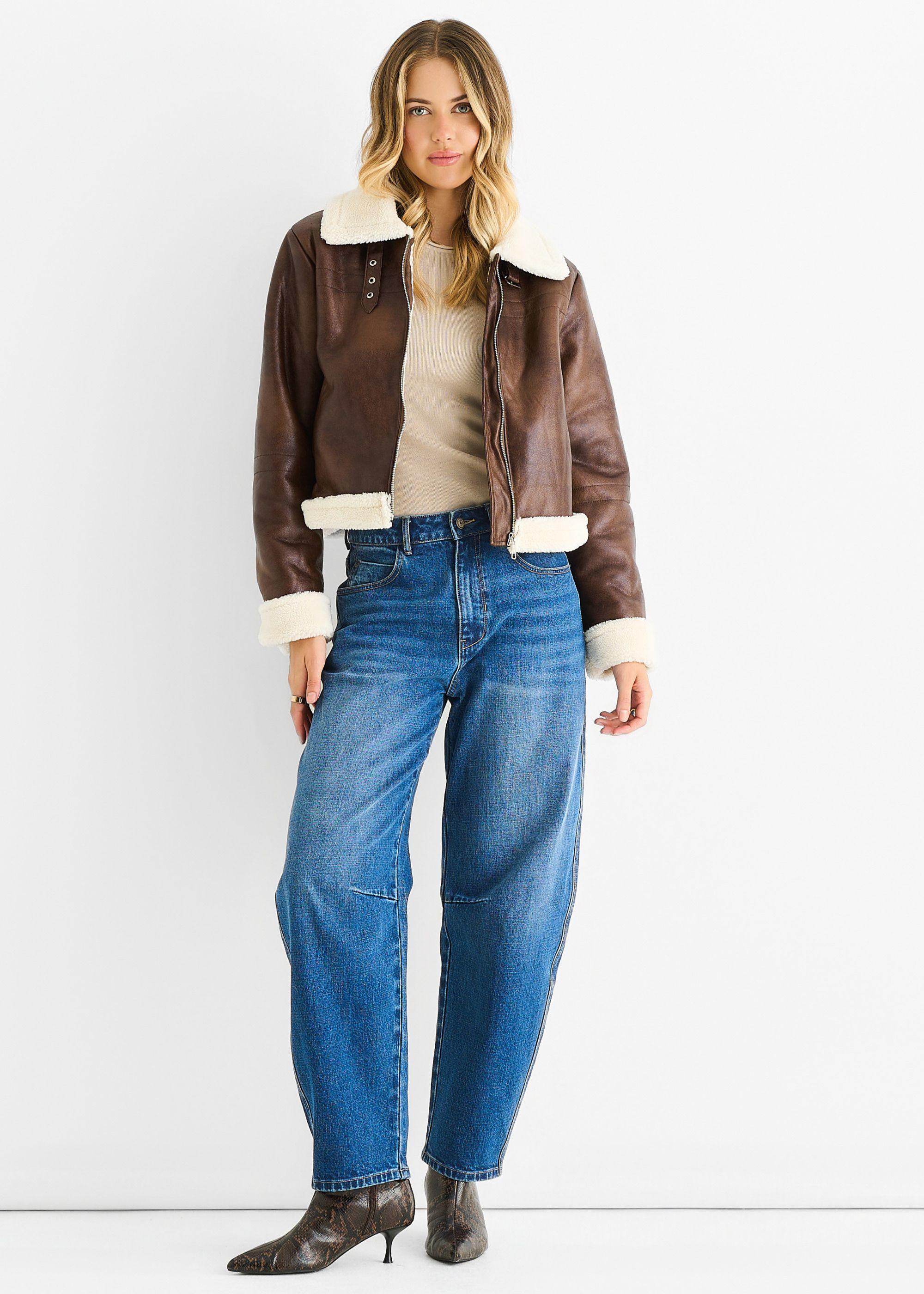 Brown Faux Leather Shearling Fur Aviator Jacket by GINI LONDON