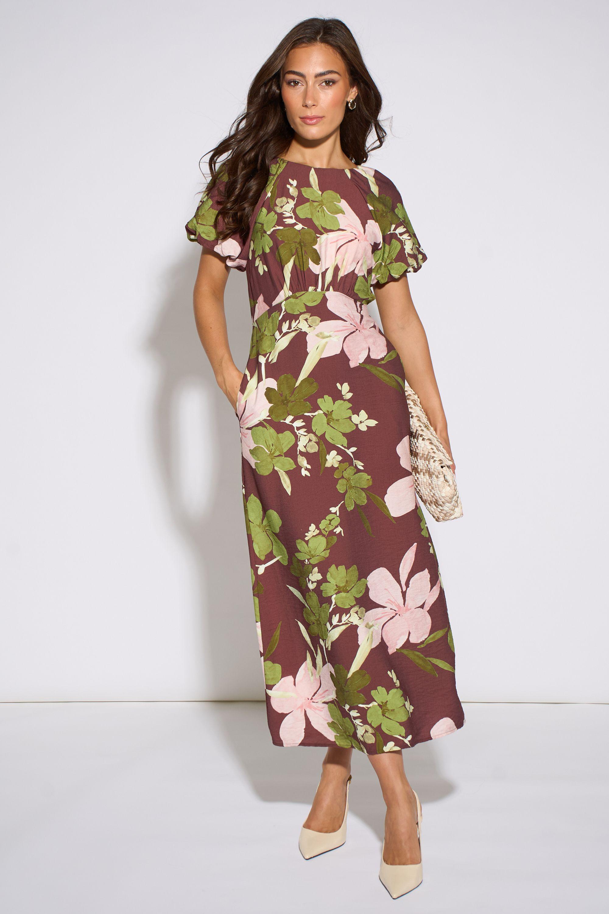 Brown Floral Puff Sleeves Midi Dress by GINI LONDON
