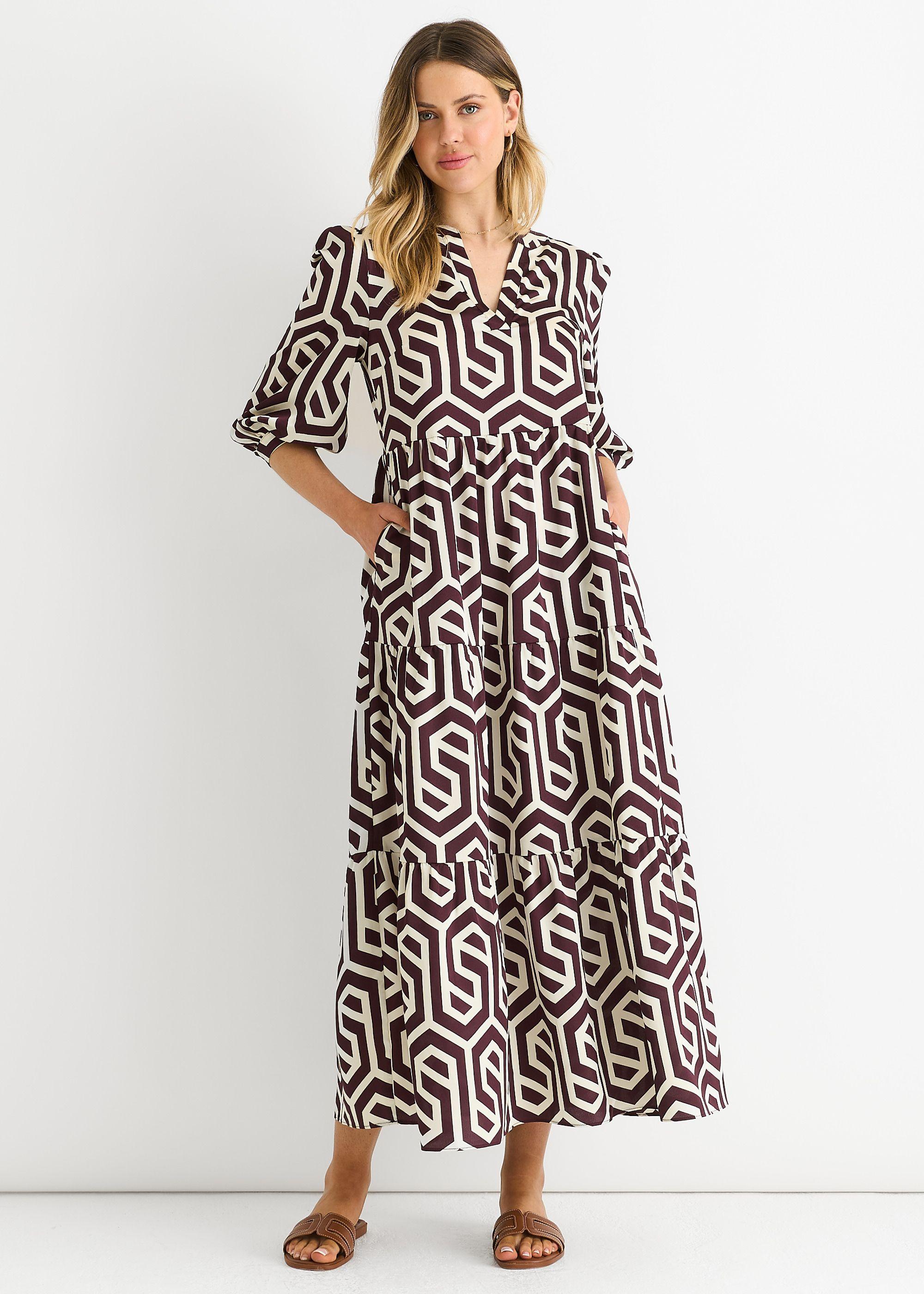 Brown Geo Print Smock Maxi Dress by GINI LONDON