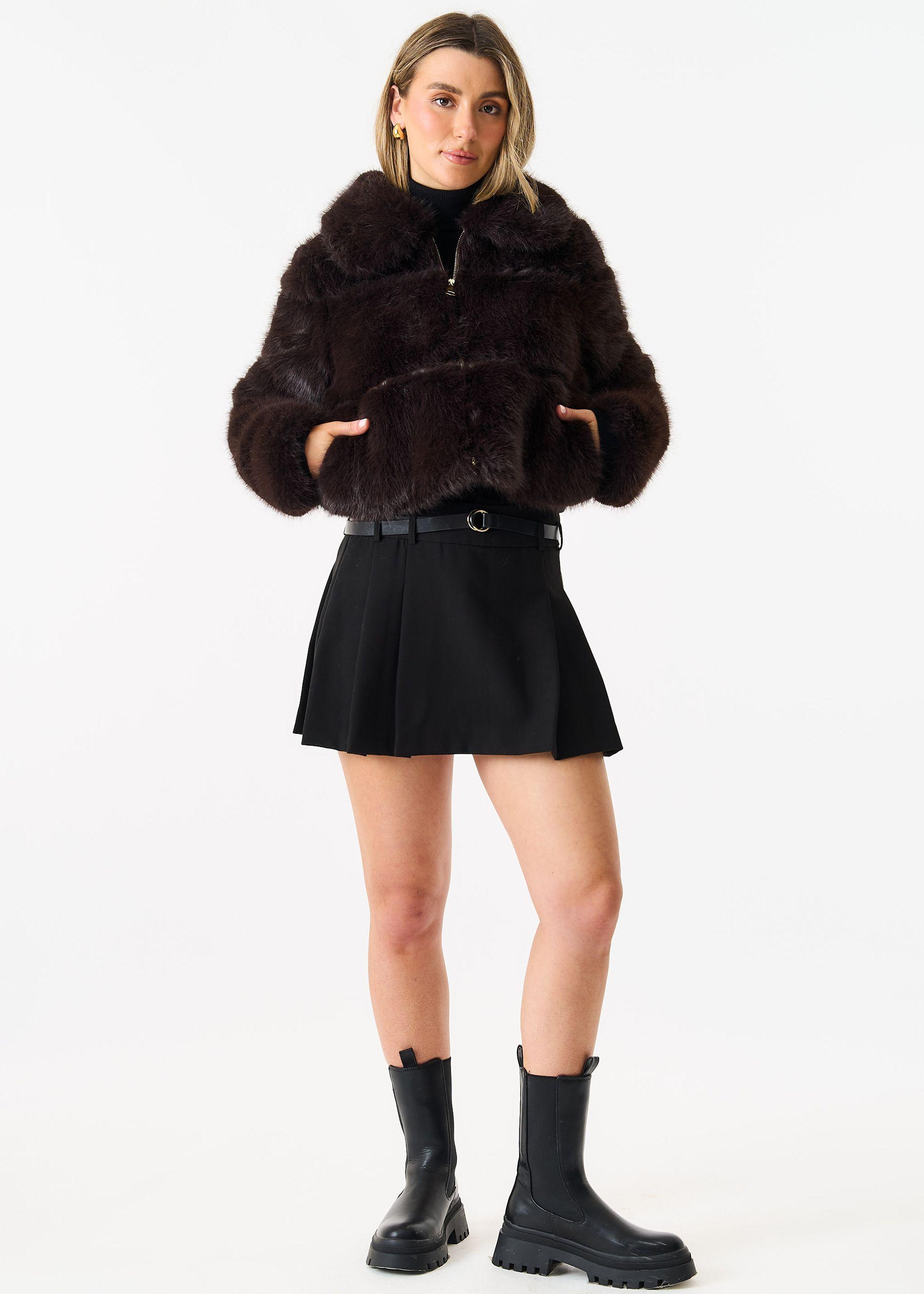 Brown Panel Faux Fur Cropped Jacket by GINI LONDON