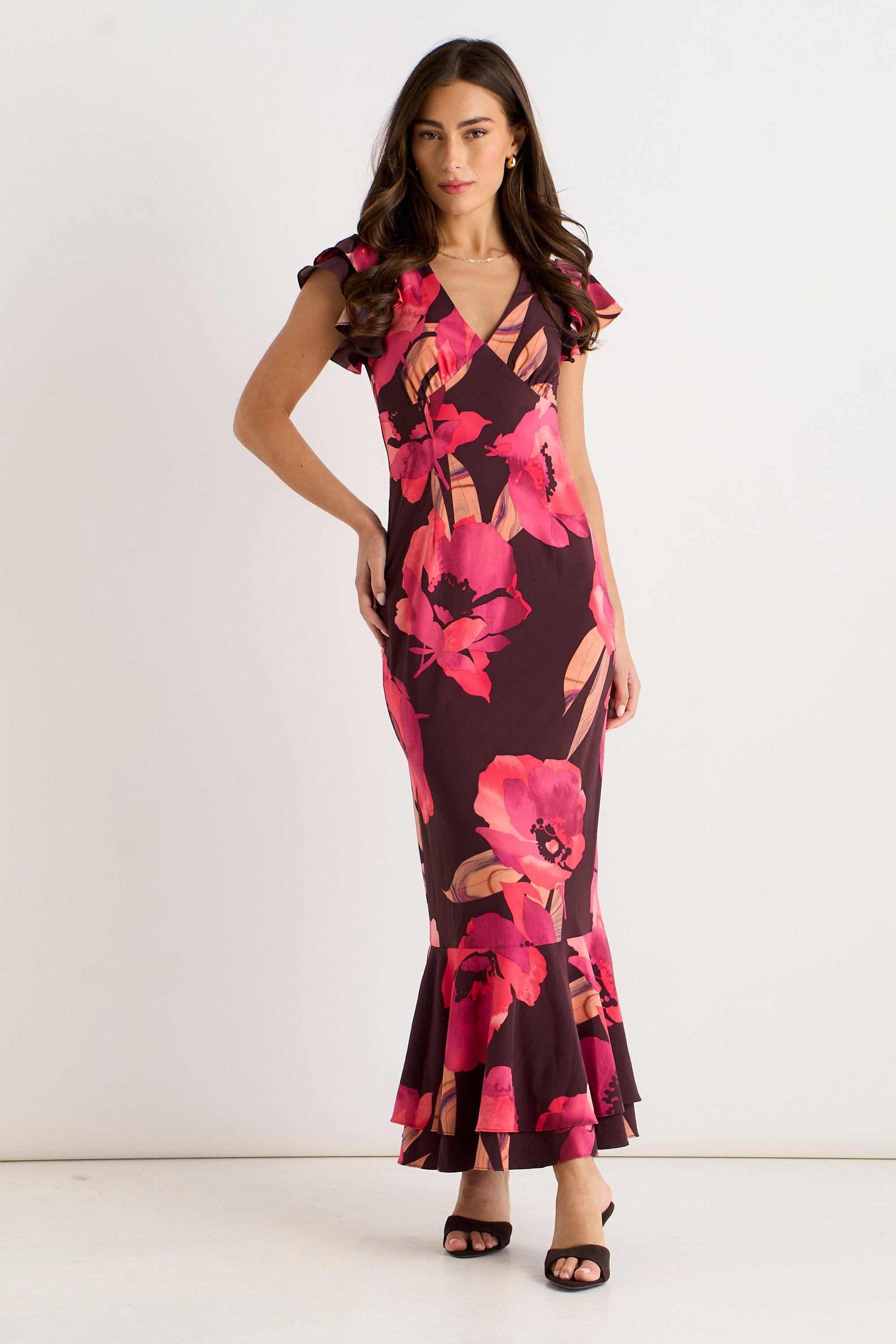 Brown Ruffle Sleeve Floral Maxi Dress by GINI LONDON