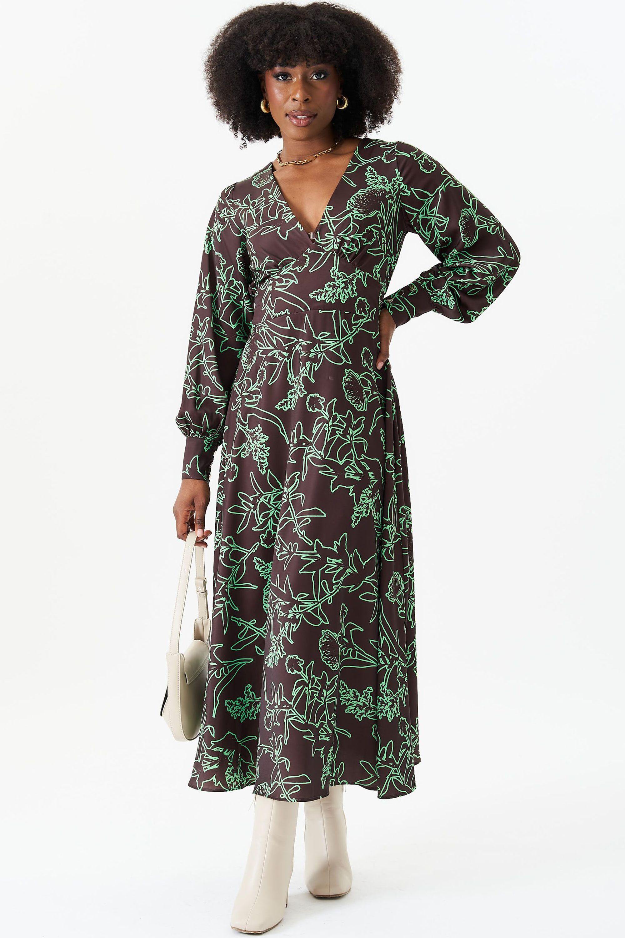 Brown V Neck Long Sleeves Midi Dress by GINI LONDON