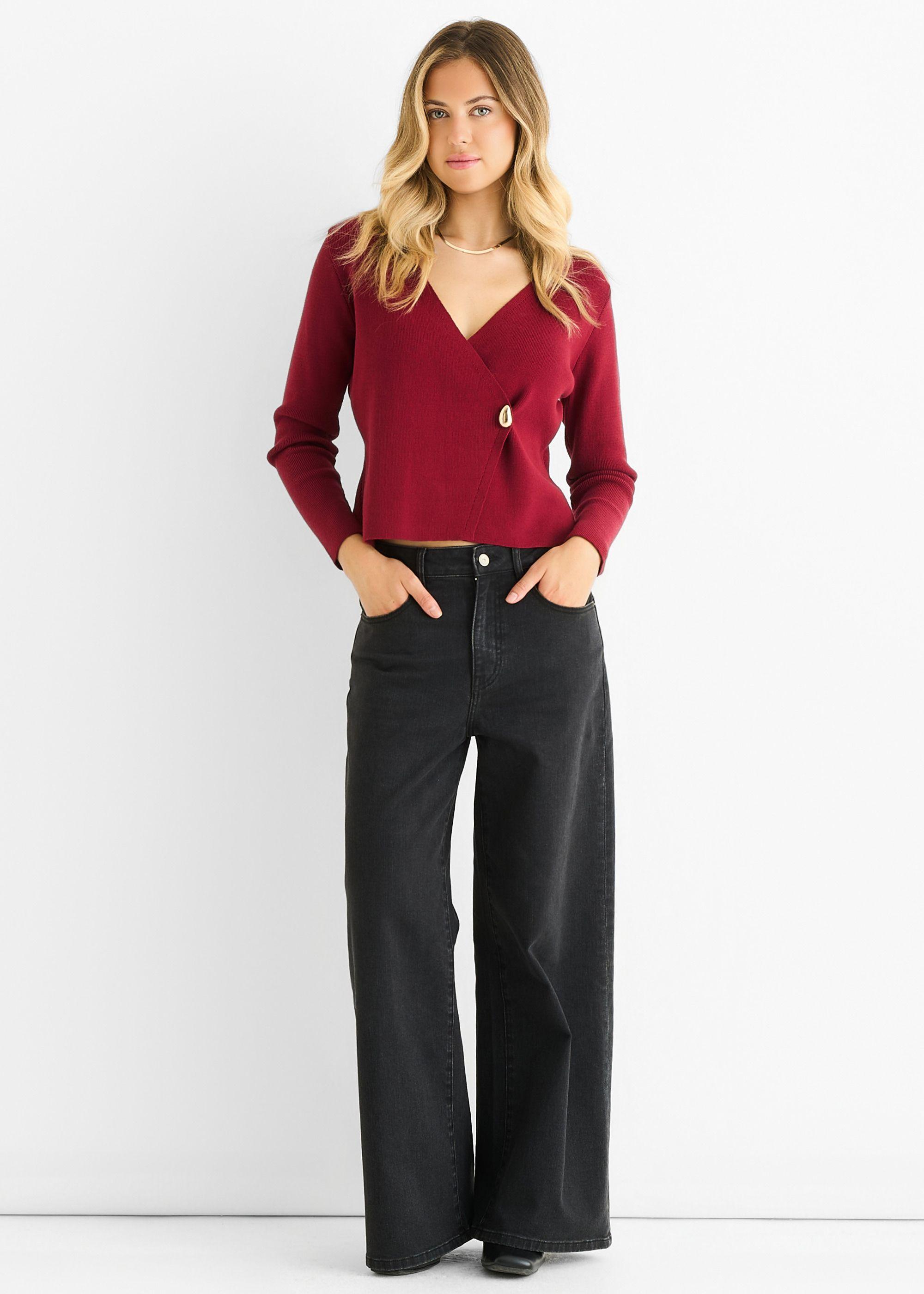 Burgundy Button Wrap Compact Knit Cardigan by GINI LONDON