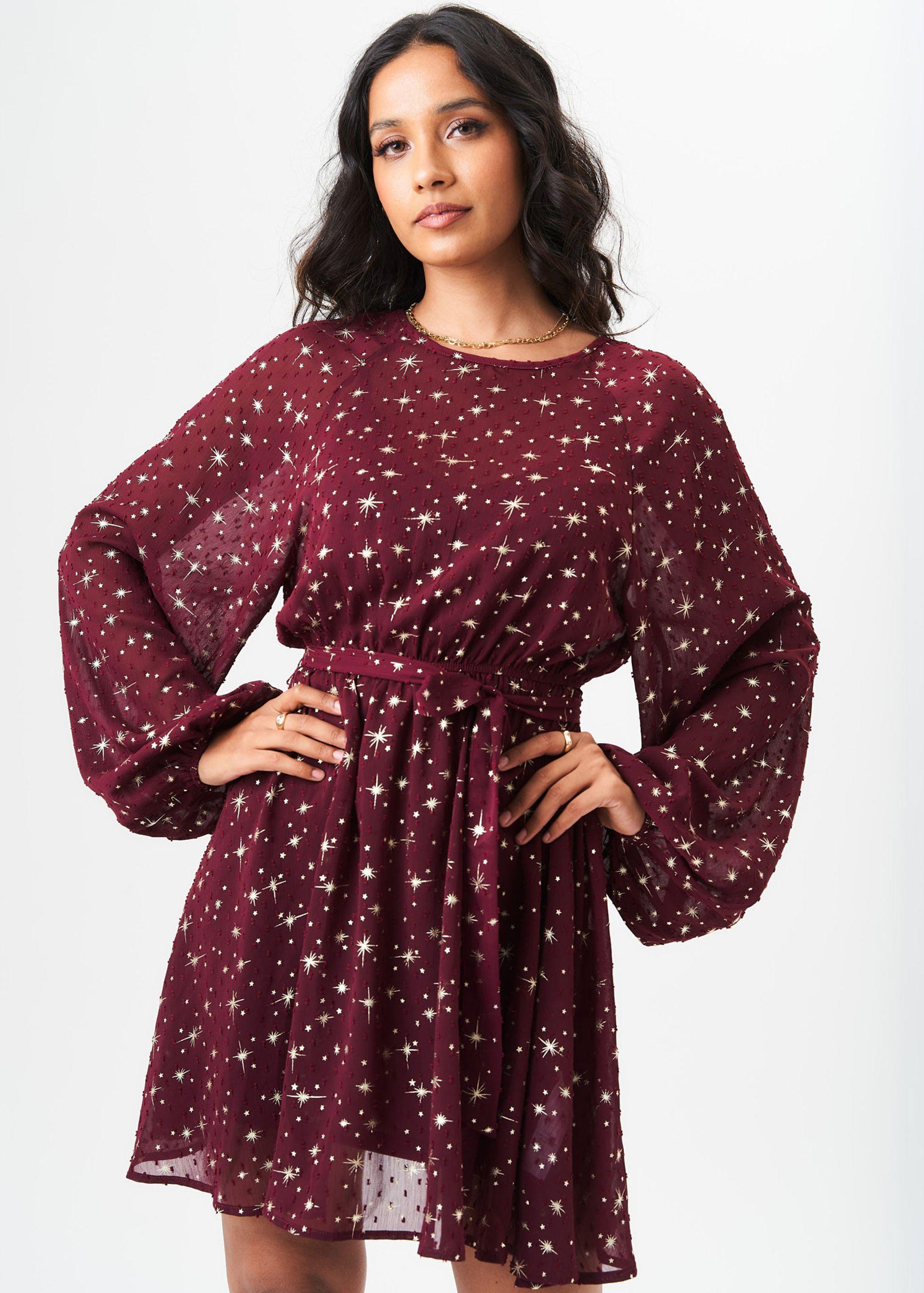 Burgundy Star Print Long Sleeve Mini Dress by GINI LONDON